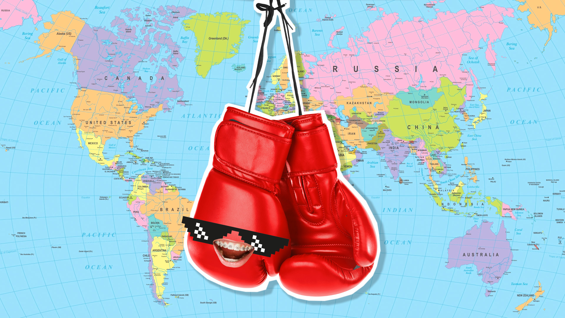 A map of the world with a pair of boxing gloves