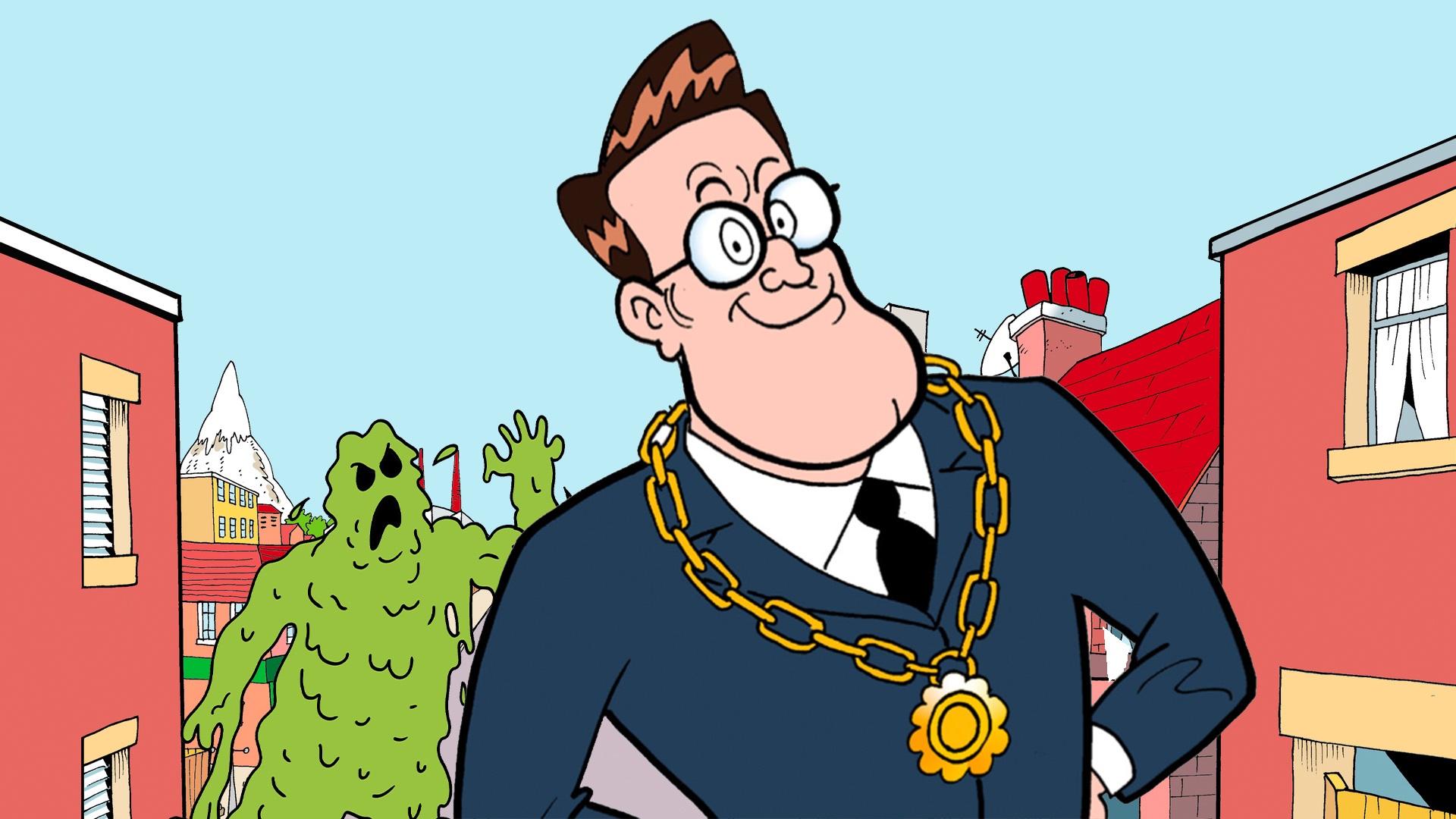 Mayor Brown and a slime monster in Beanotown