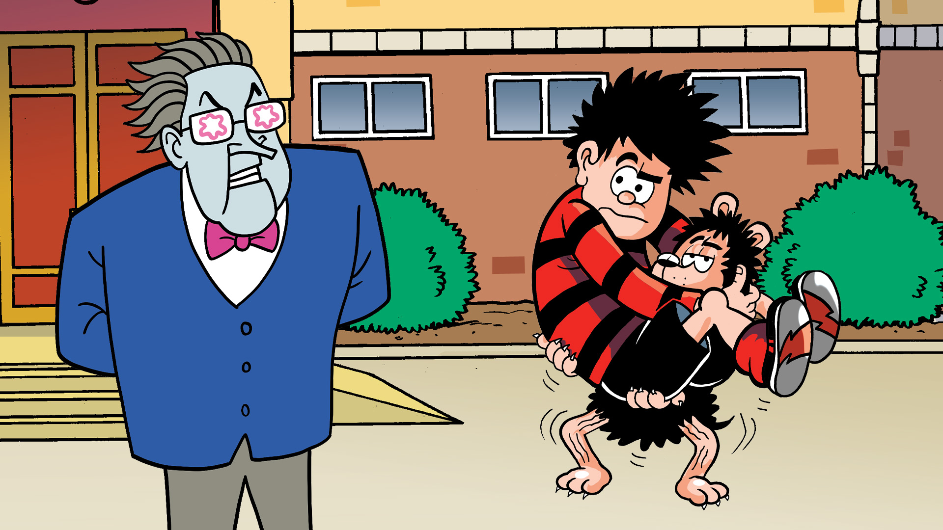 Mr Fayle, Dennis and Gnasher outside Bash Street School