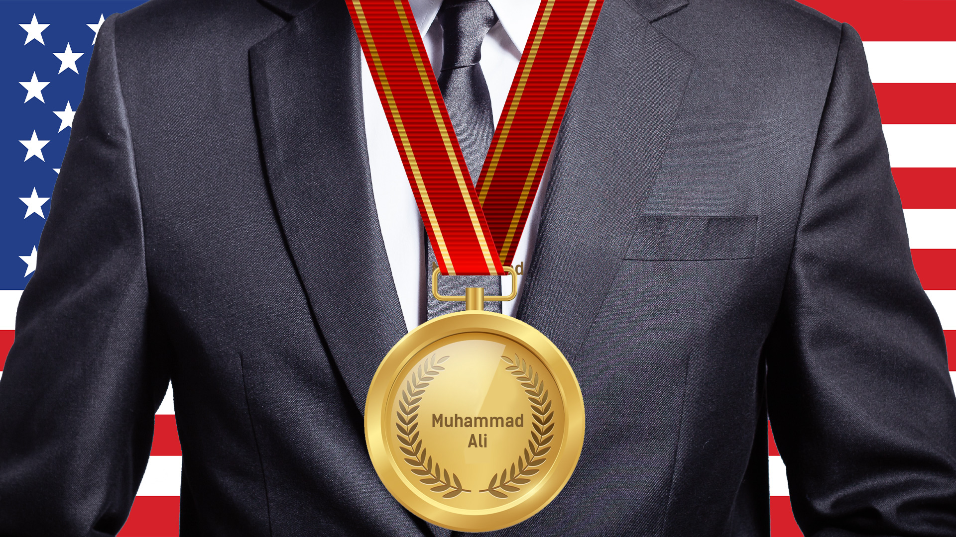 A gold medal featuring the name of Muhammad Ali