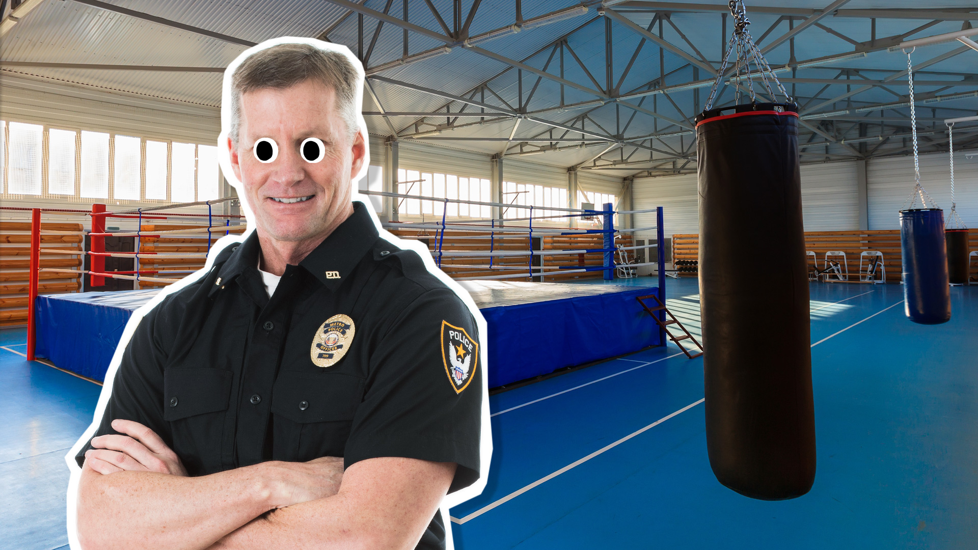 A police officer in a boxing gym