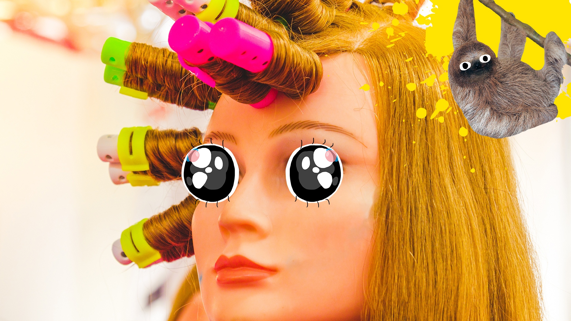 A toy doll with rollers in their hair