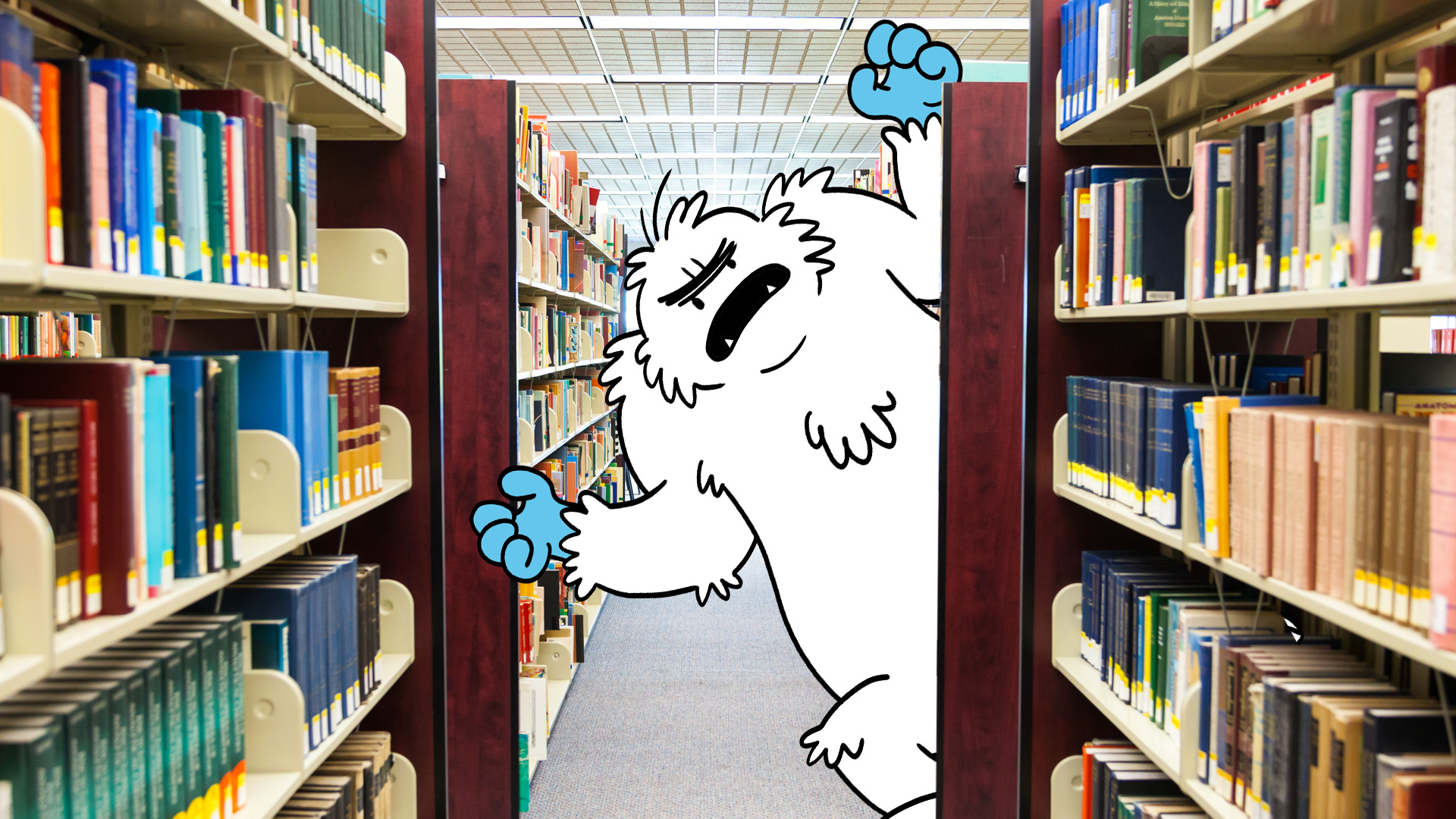 A yeti in a library