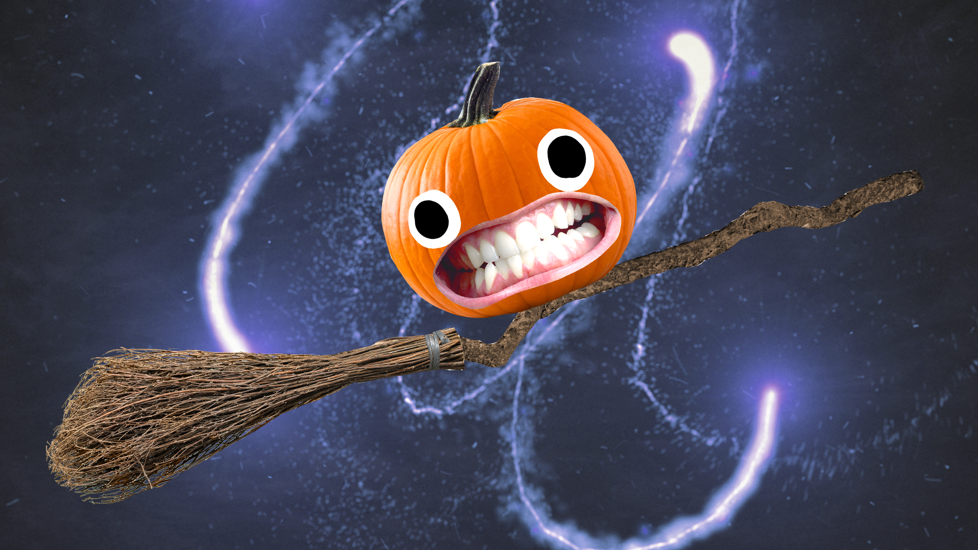Beano pumpkin on broomstick on magic background