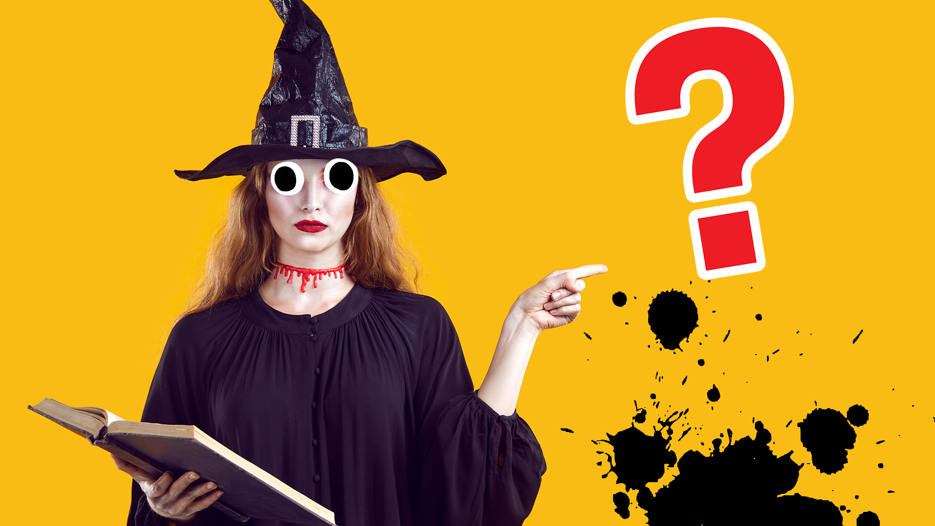 Witch pointing at question mark 