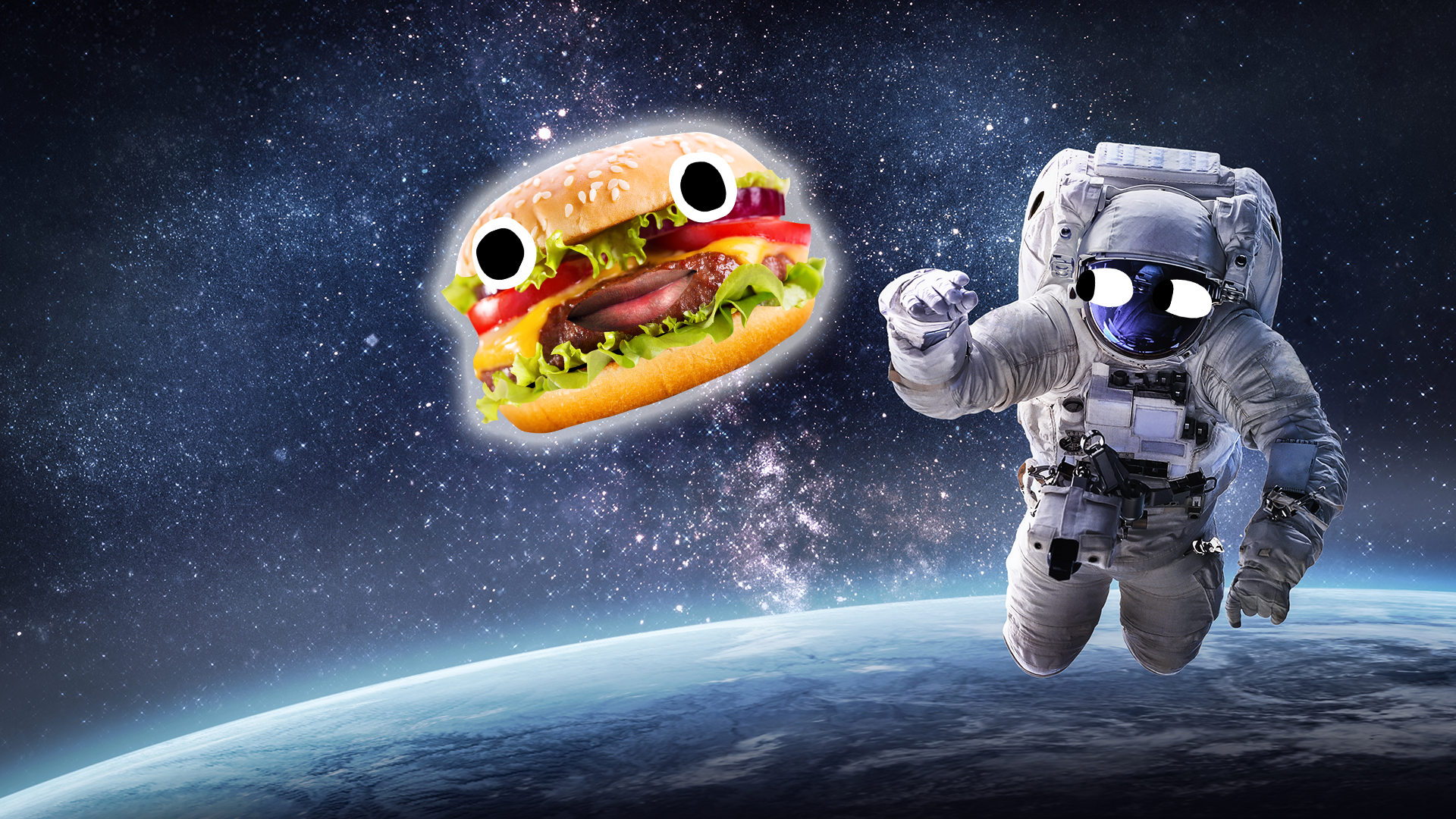 A spaceman in space eating a burger