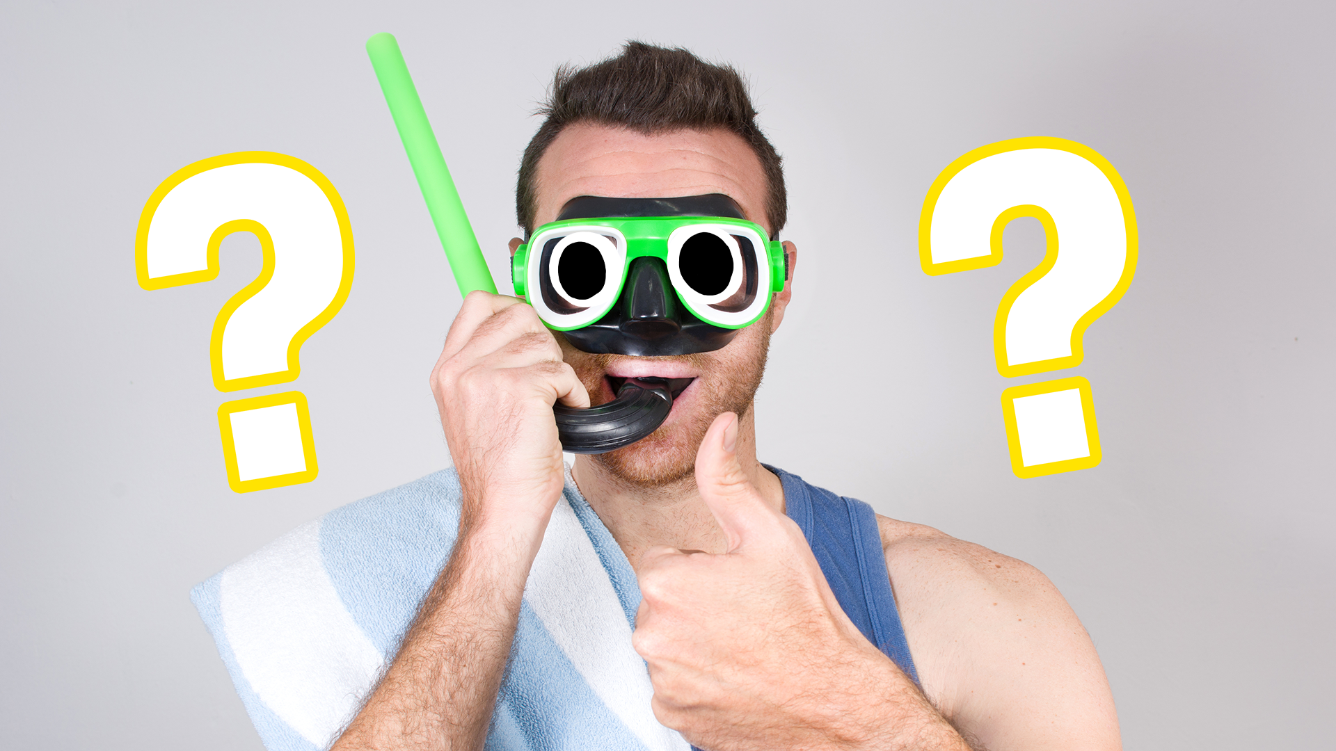 Man in snorkel mask with question marks