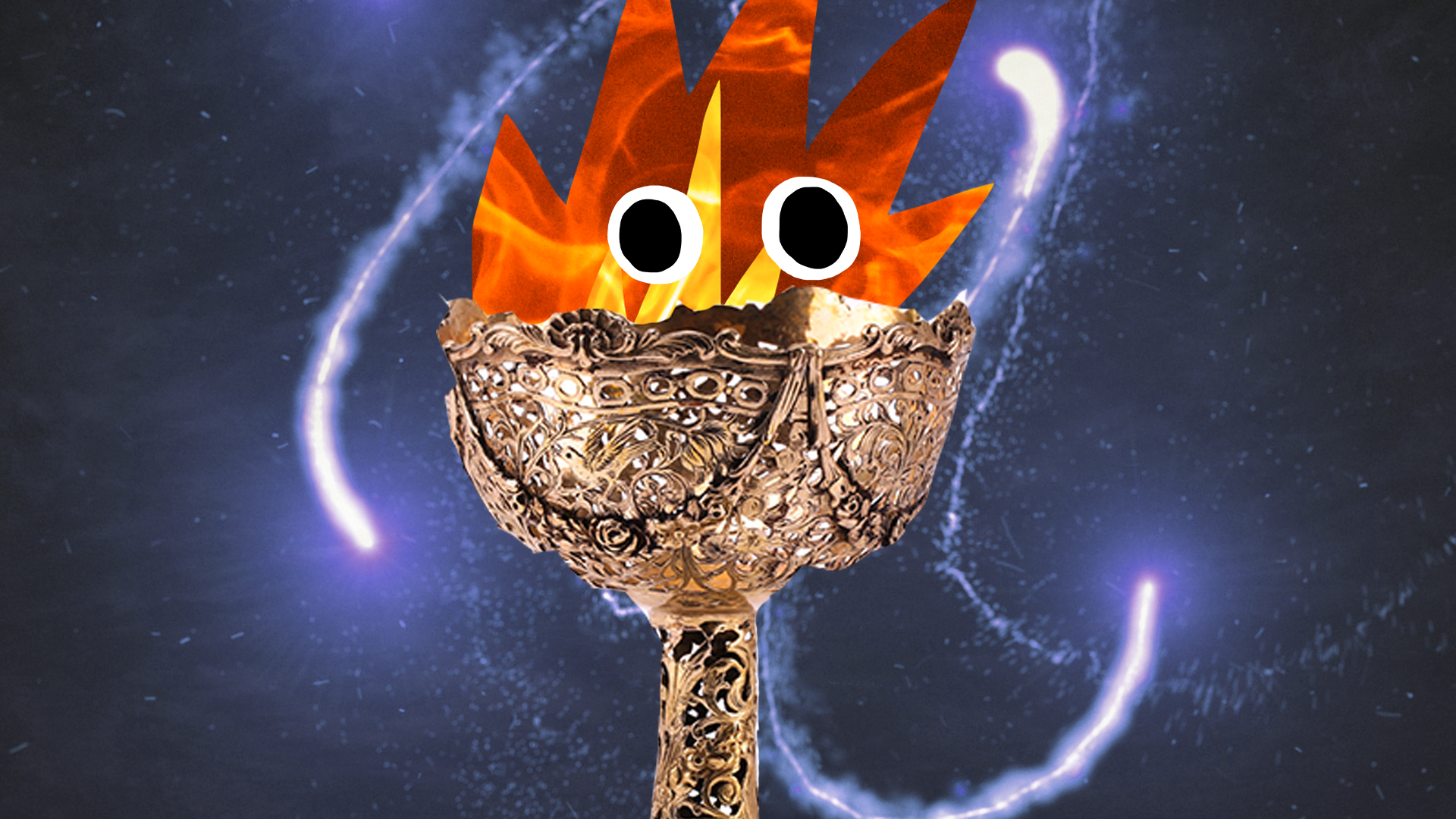 Goblet and fire with eyes on magic background