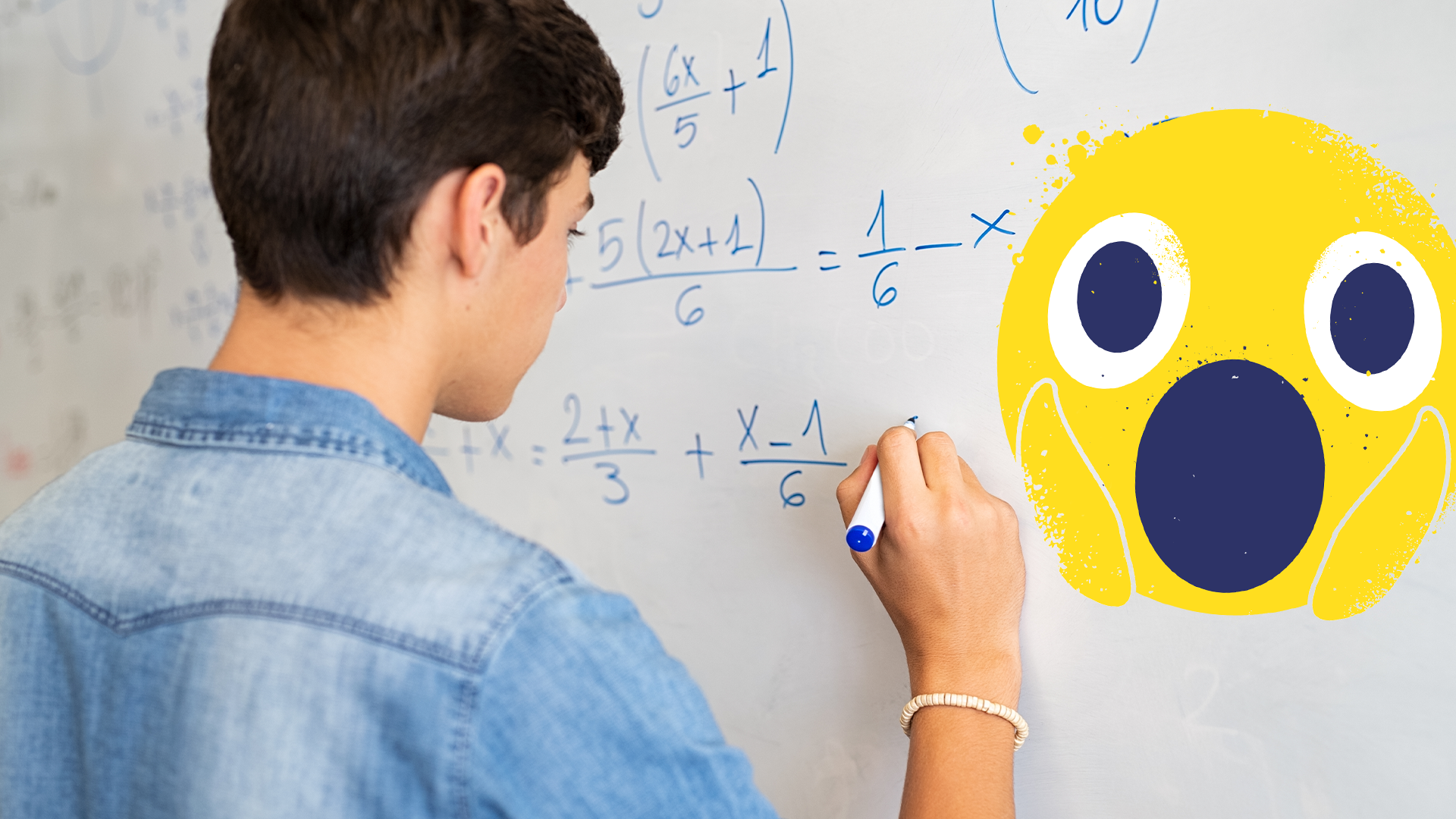 Boy doing maths, shocked emoji 