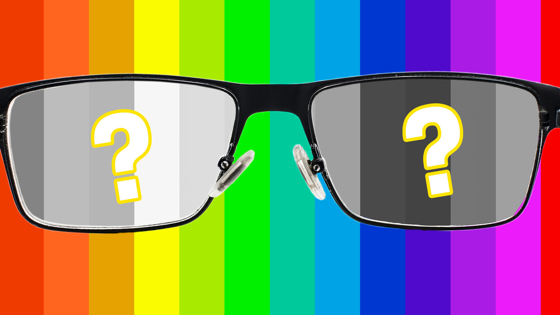 Colour blind glasses on rainbow background with question marks