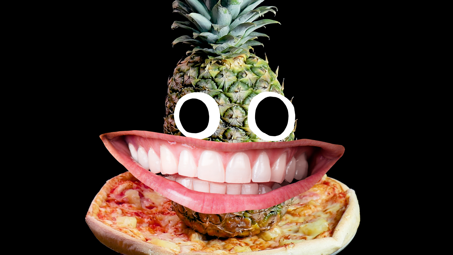 Pineapple on a pizza with goofy face