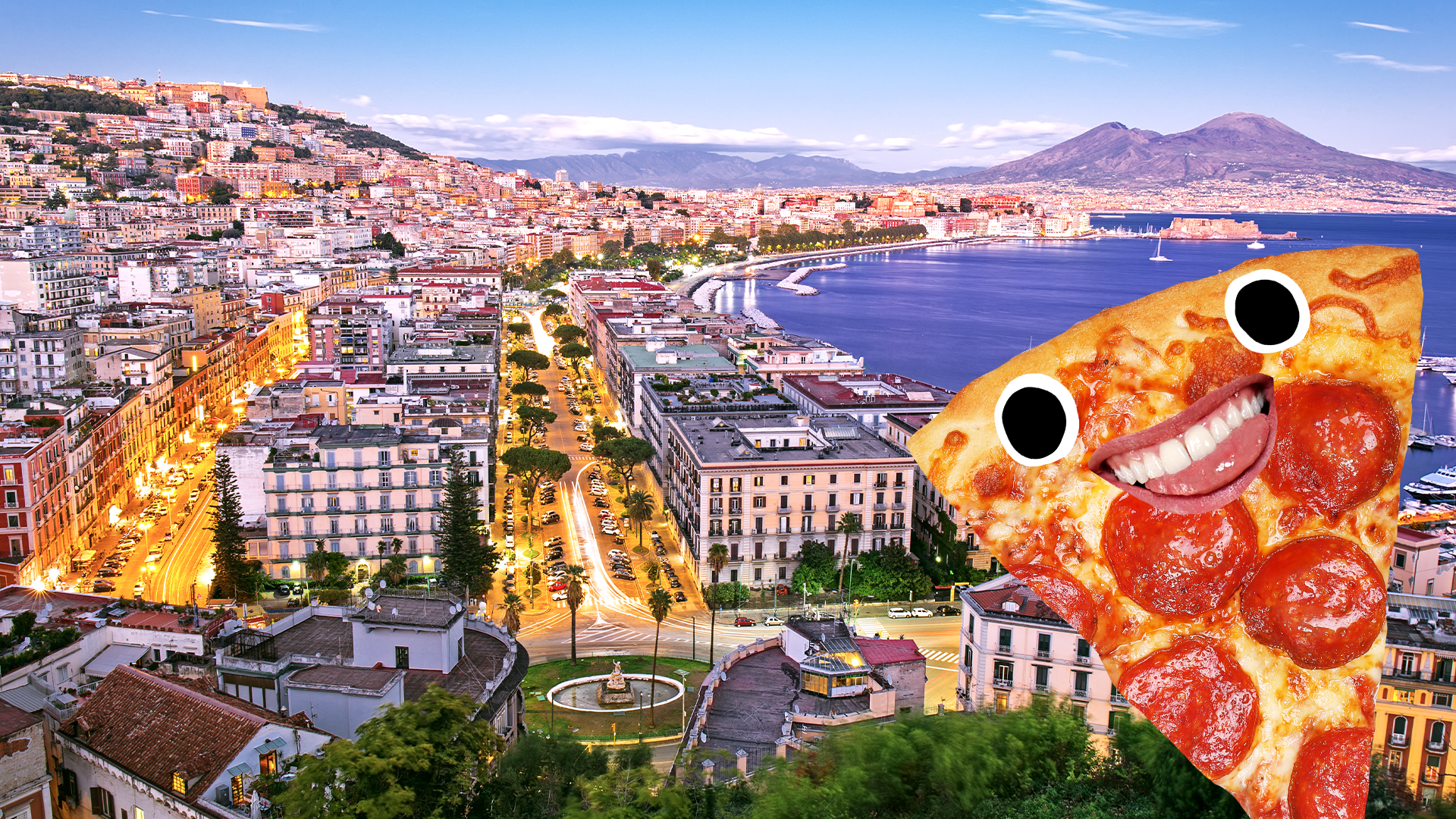 Pizza and scene of Naples, Italy