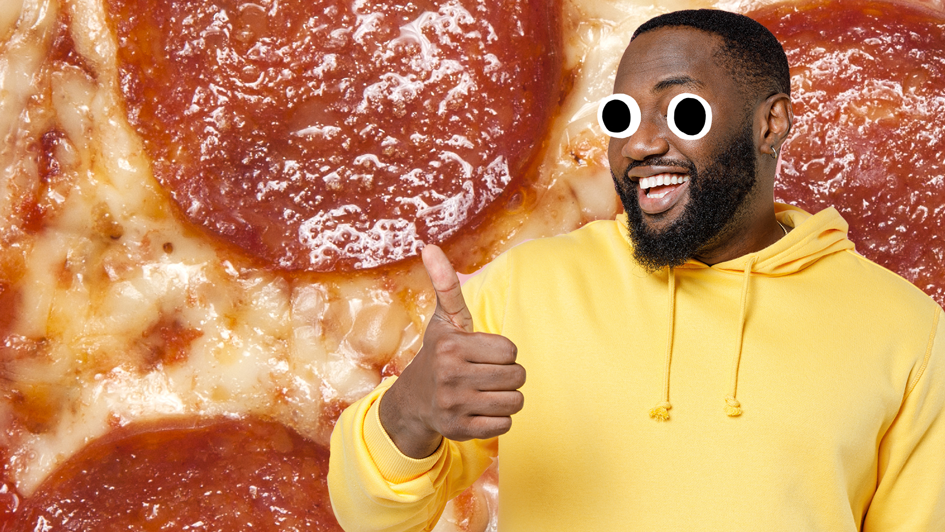 Guy giving thumbs up on pizza background