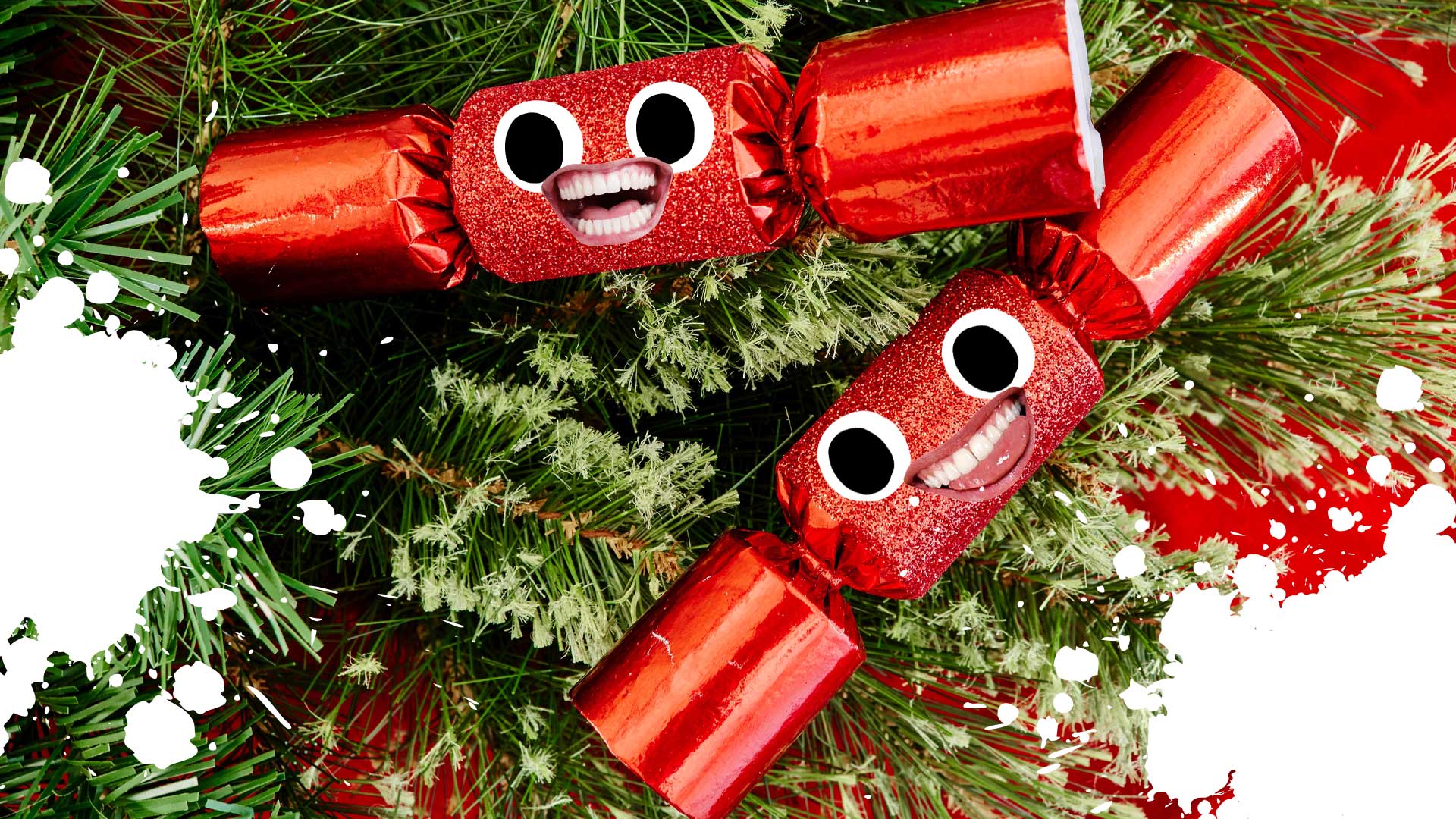 Two Christmas crackers on a tree