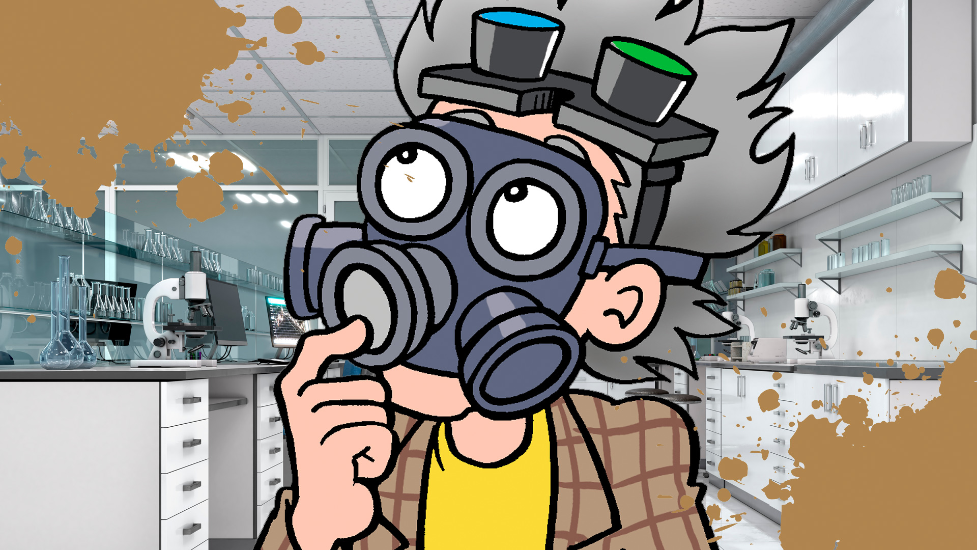 Professor von Screwtop in a gas mask