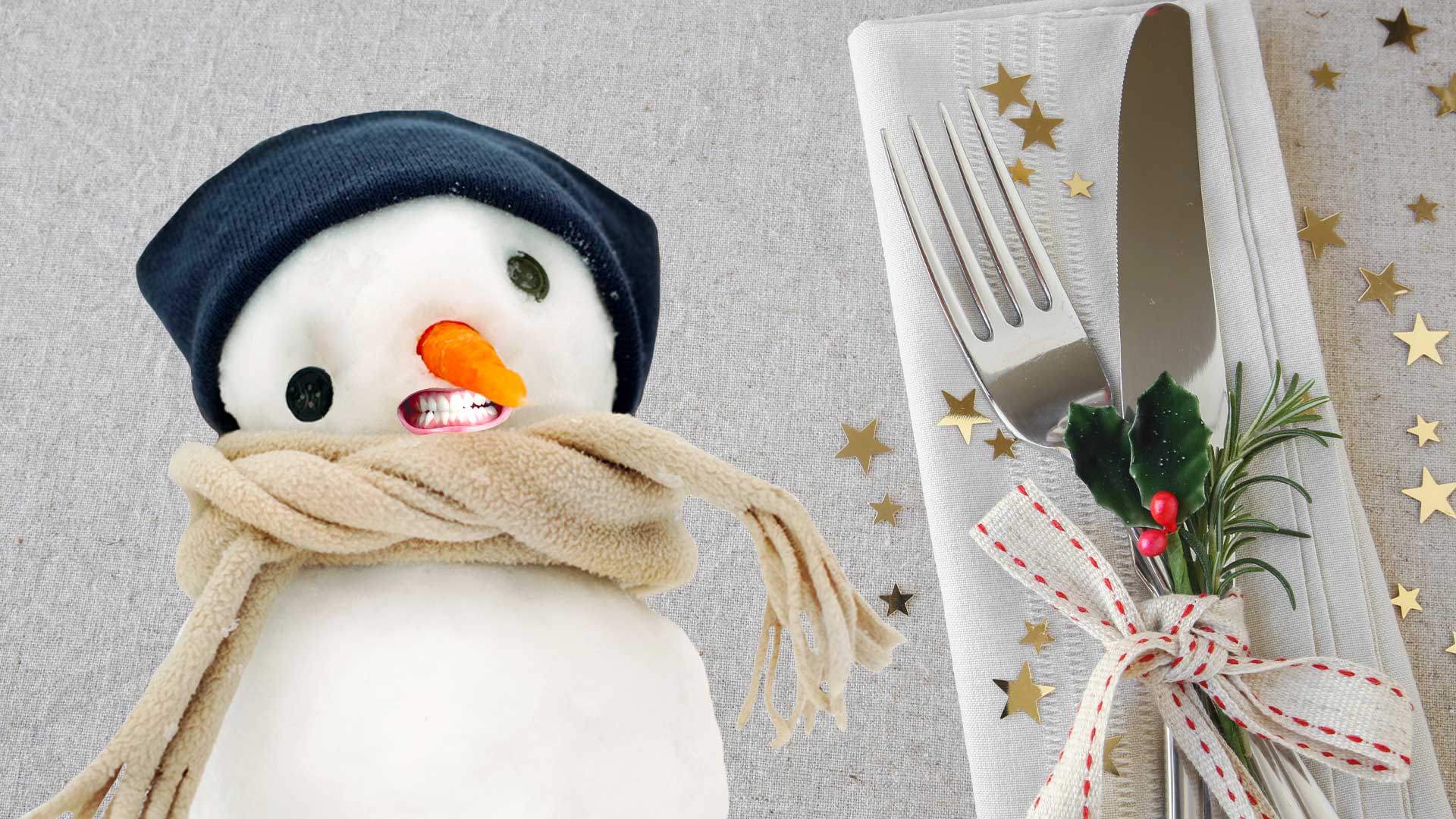 A snowman and cutlery