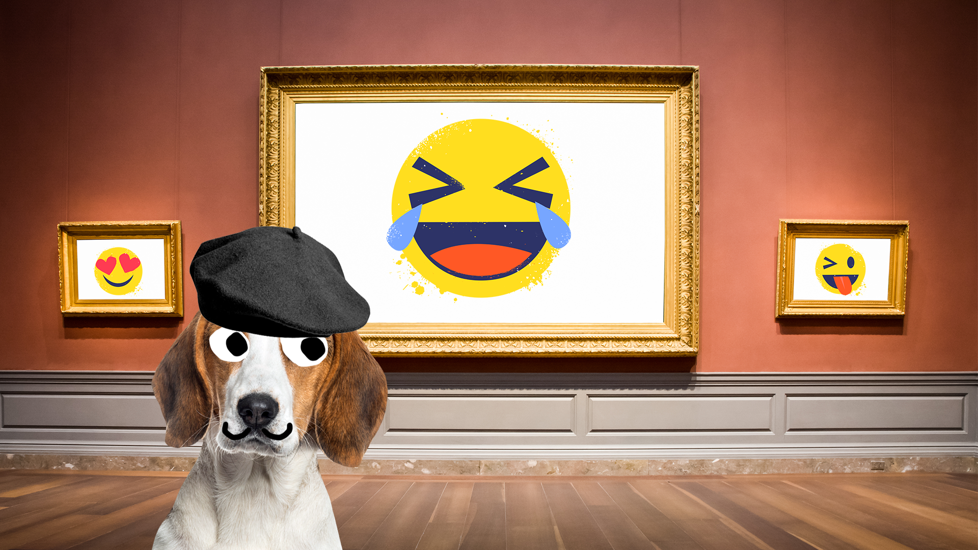 A dog in an art gallery