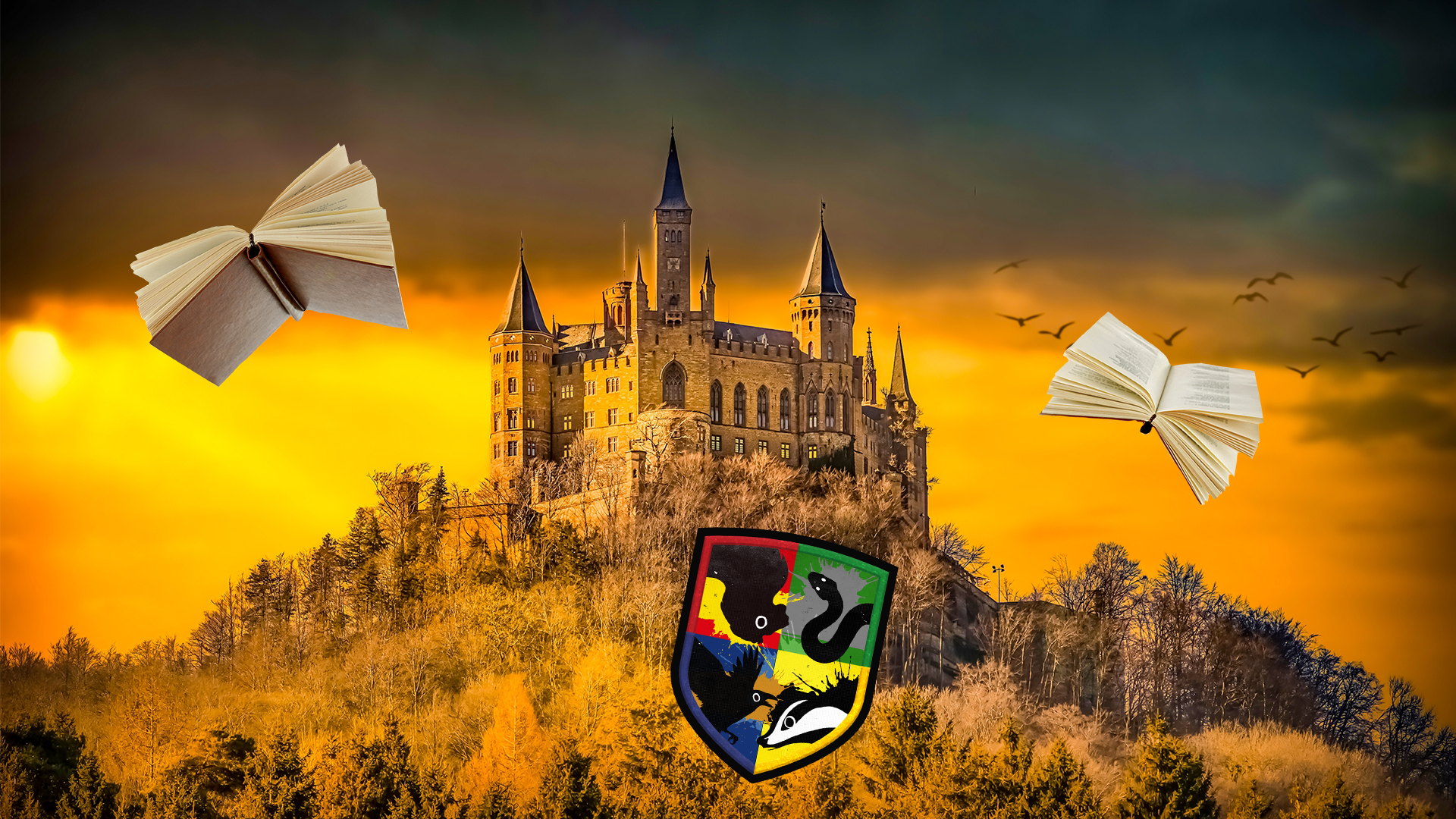 Hogwarts surrounded by flying books and a shield featuring the four houses
