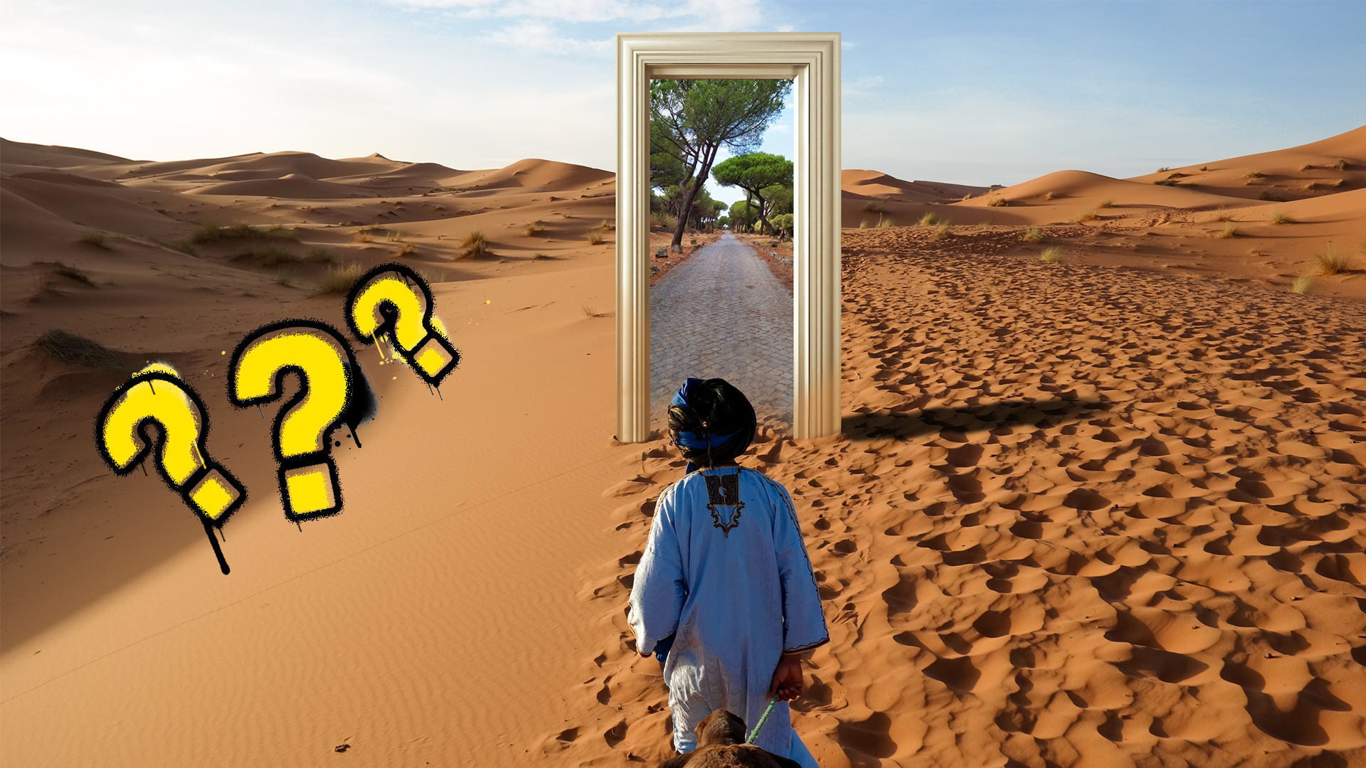 A person looking at a magical doorway in the middle of a dessert