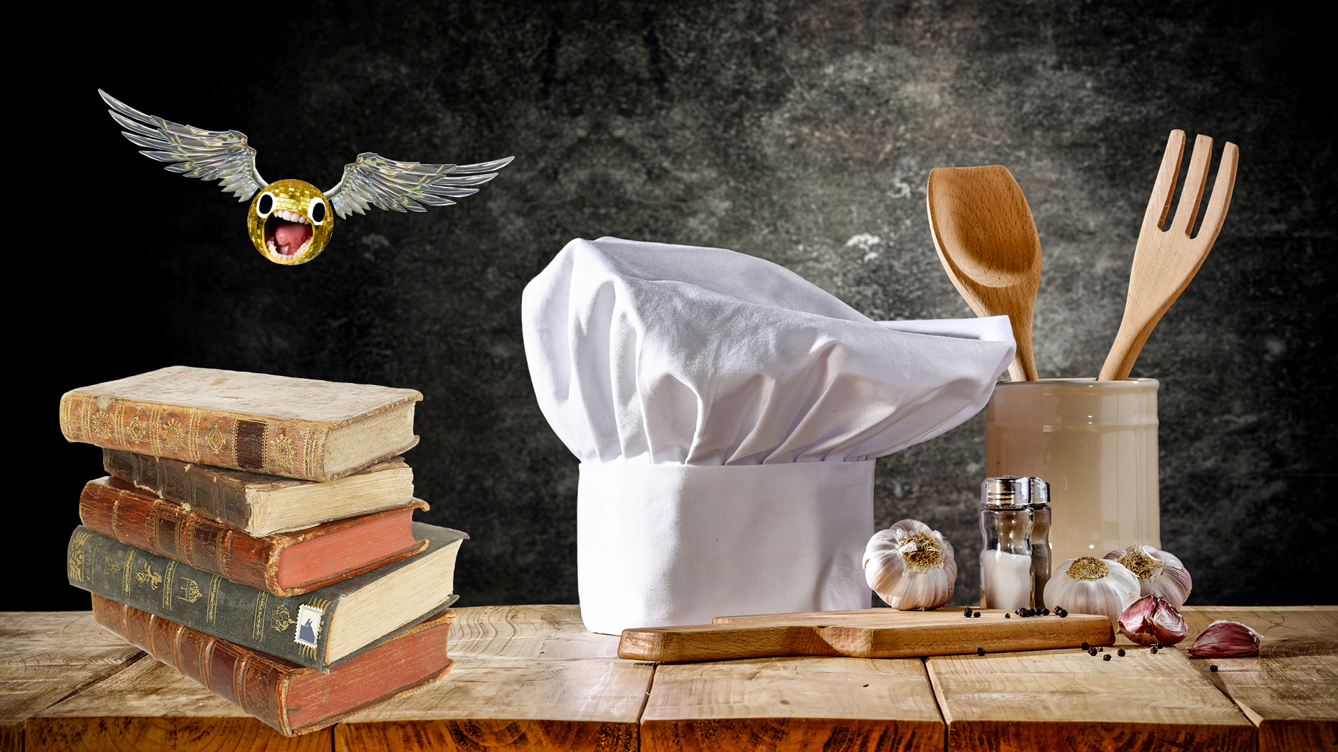 A pile of dusty books, cooking utensils, a Golden Snitch and a chef's hat