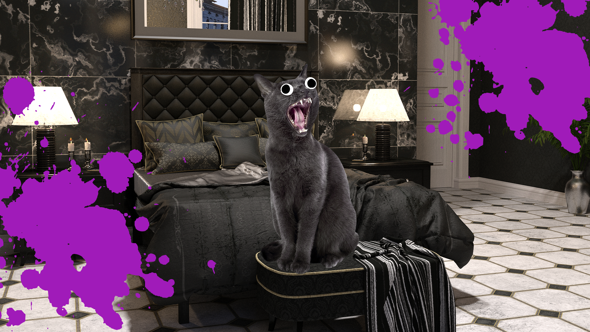 Goth room with purple splats and Beano cat