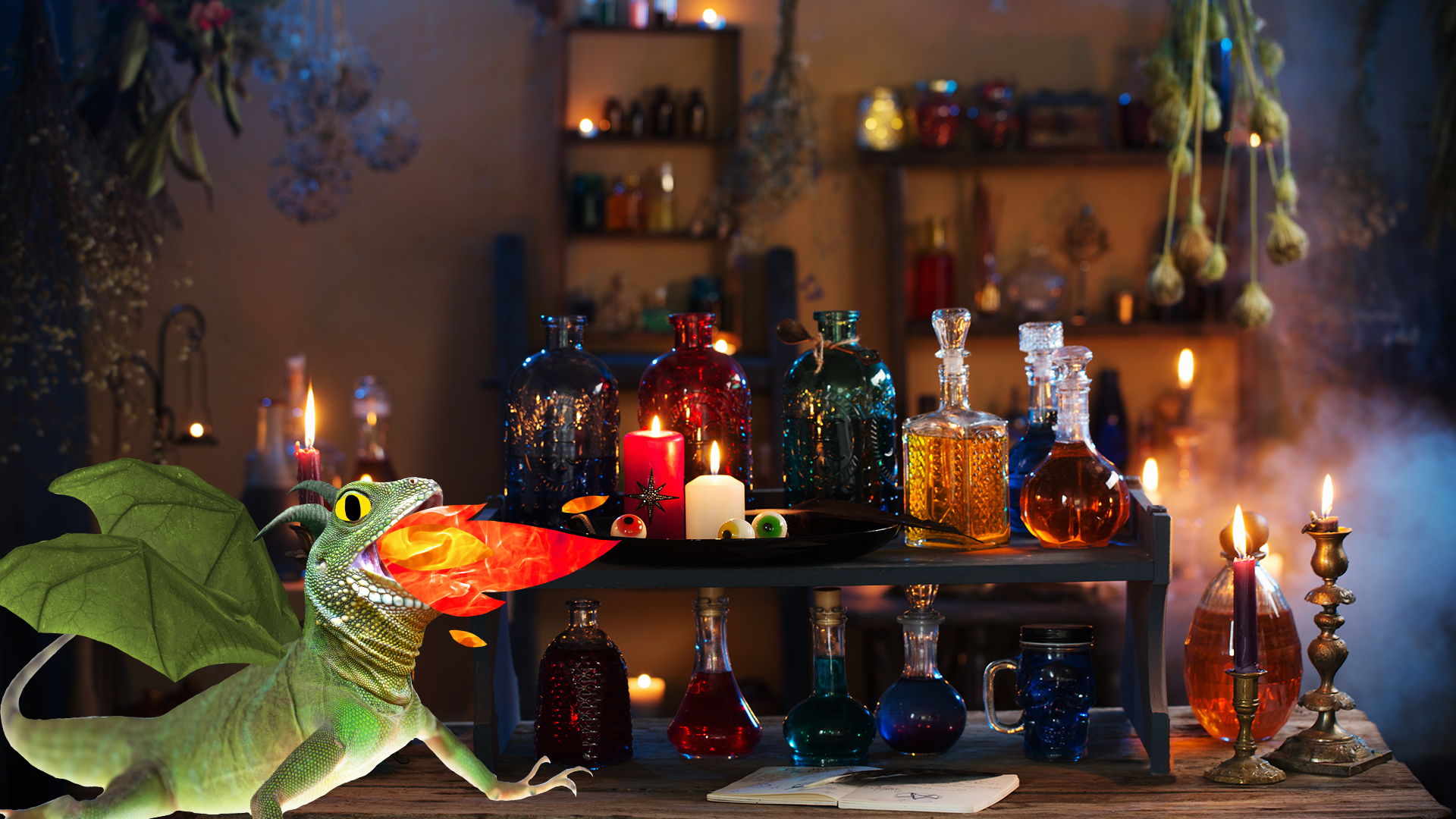 A dragon next to a collection of potions