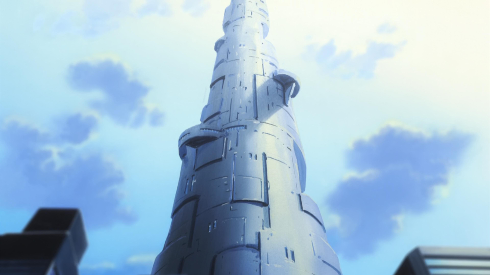 A tall building in a scene from Hunter x Hunter