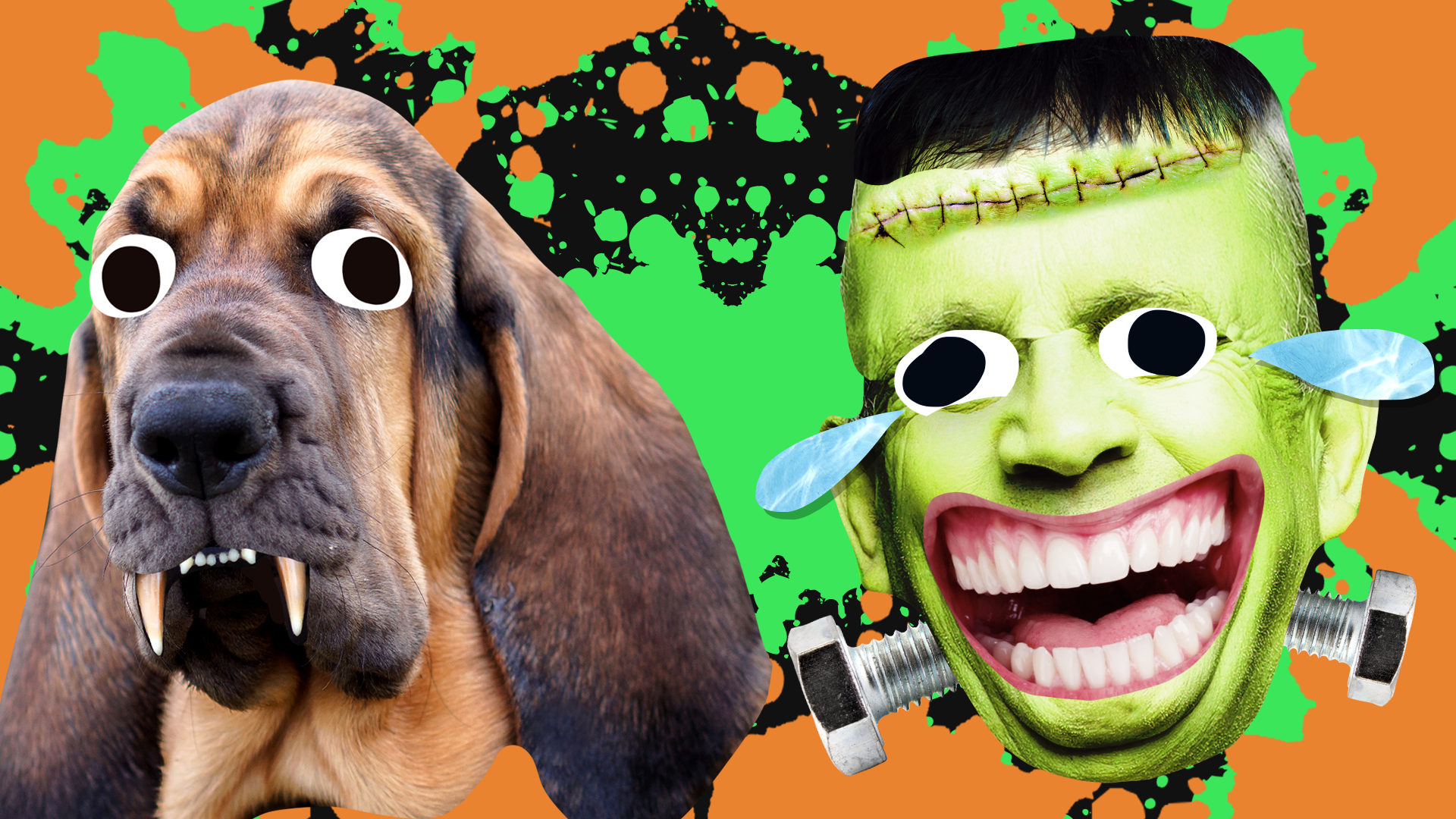 Beano Frankenstein and vampire dog on Halloween background