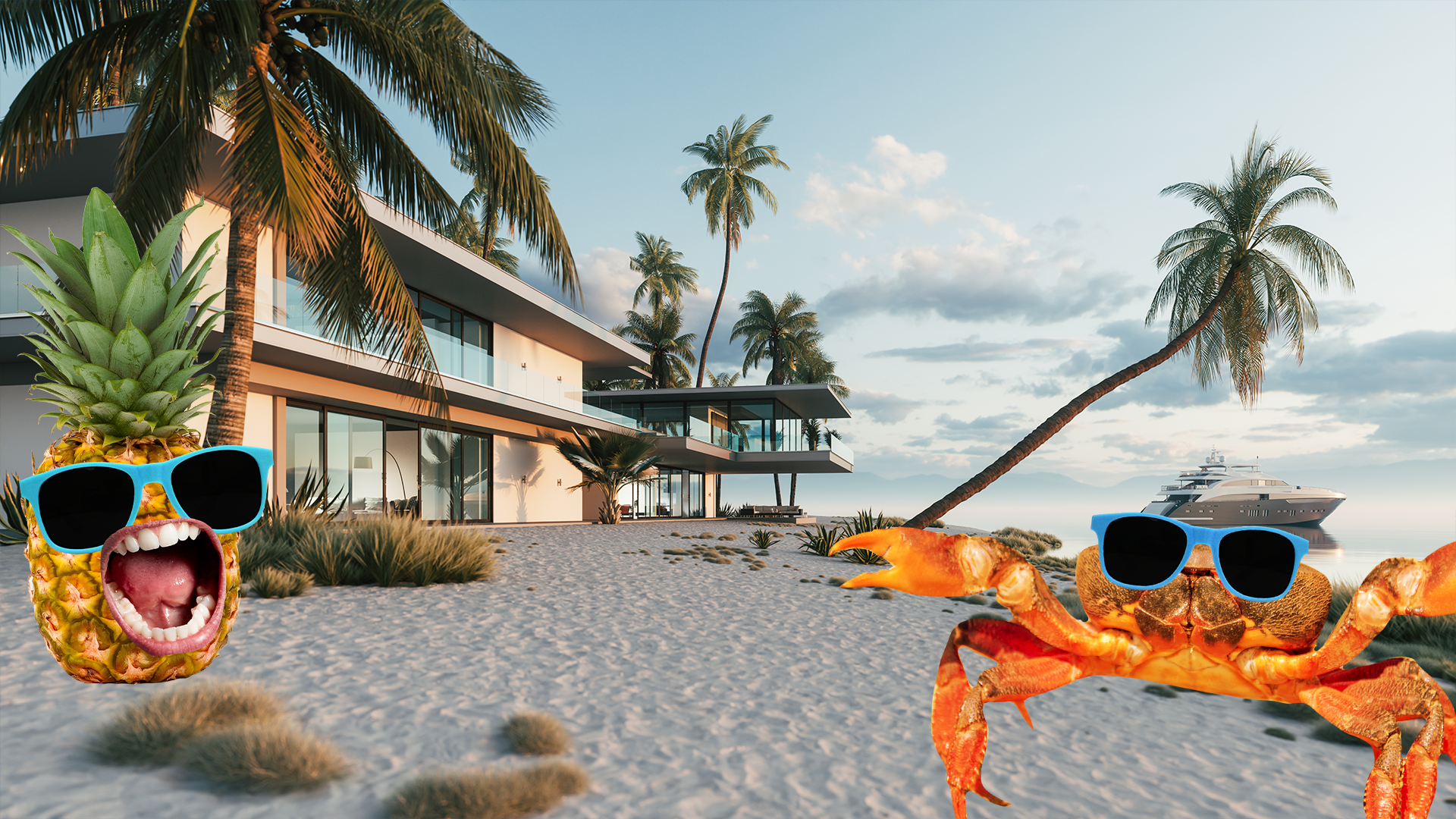 A beach house with a cool crab and pineapple