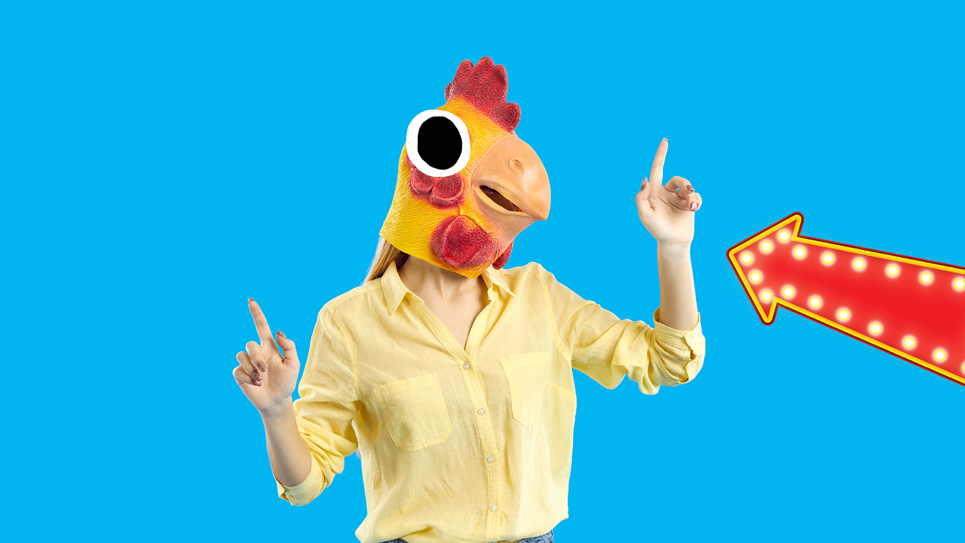 Woman on blue background with chicken head and arrow