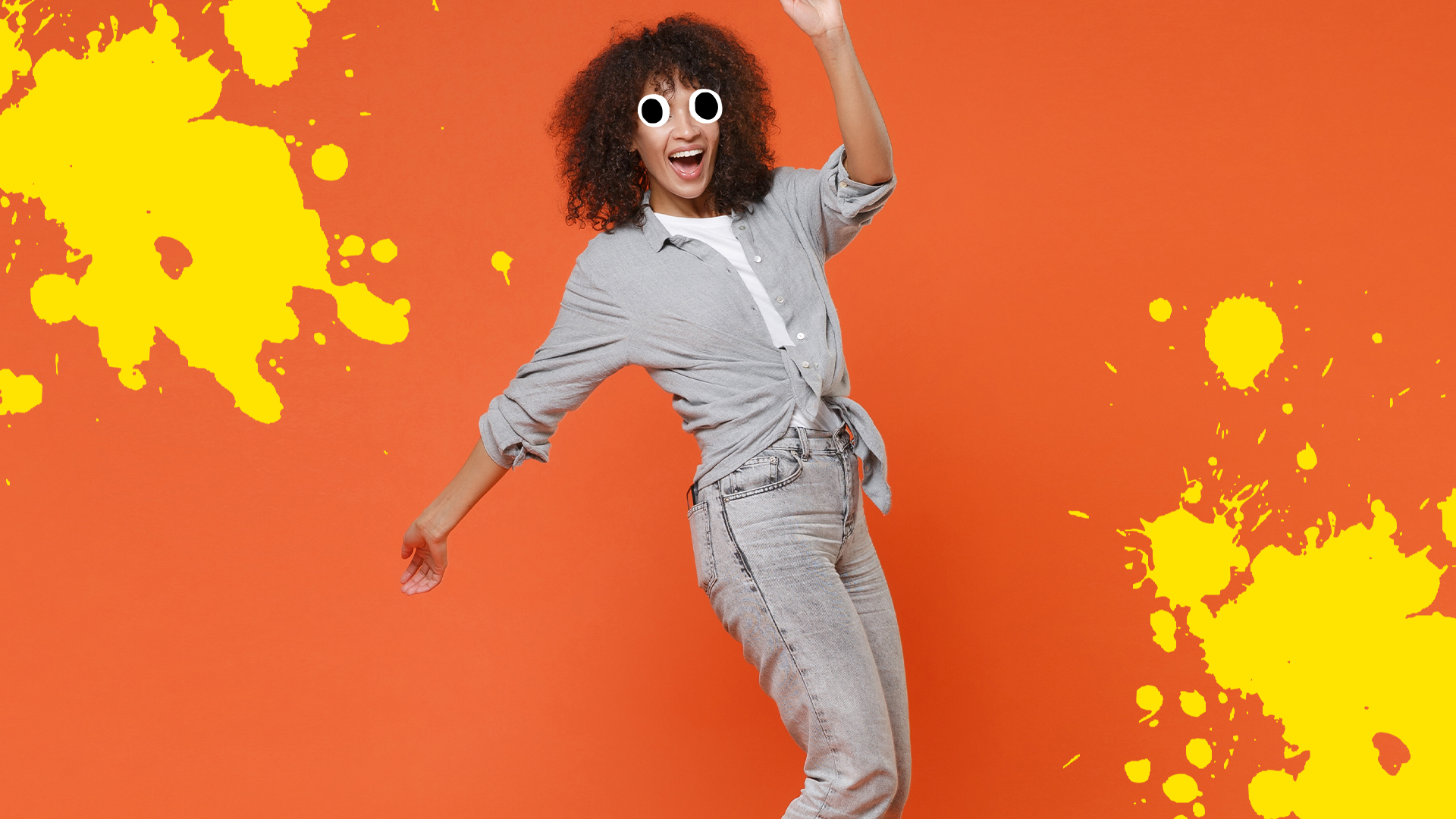 Woman dancing on orange background with yellow splats