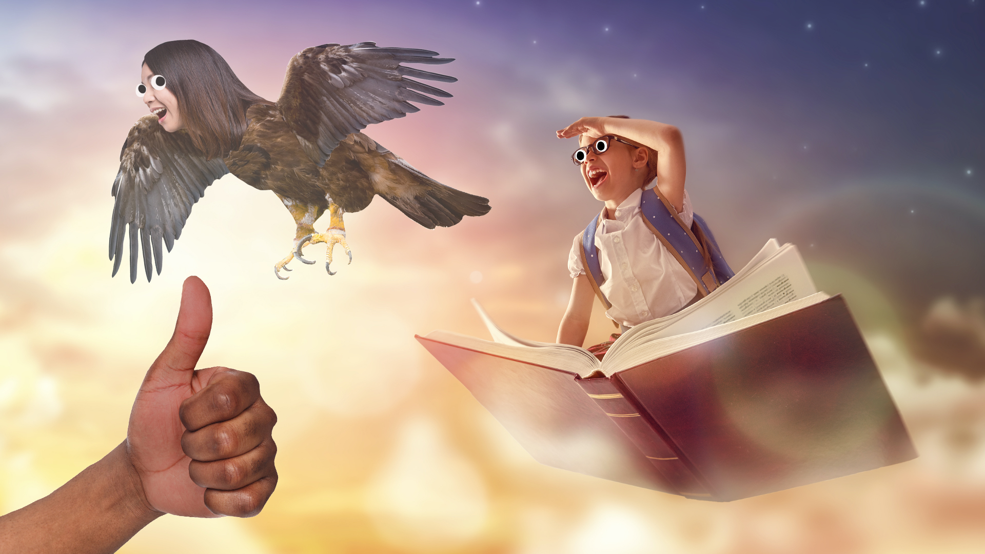 A girls sits on a flying book with an eagle-human in the background