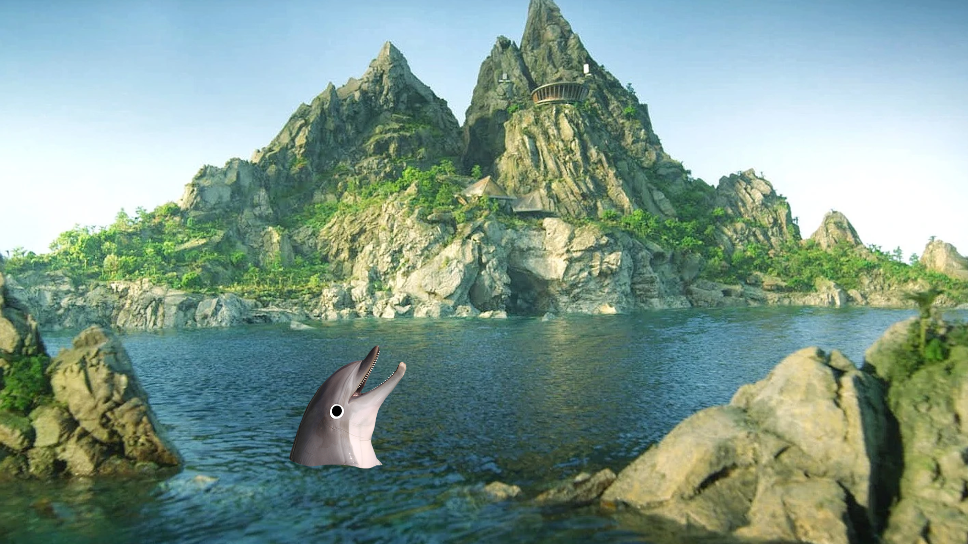 Dolphin popping out of sea next to Tracy Island
