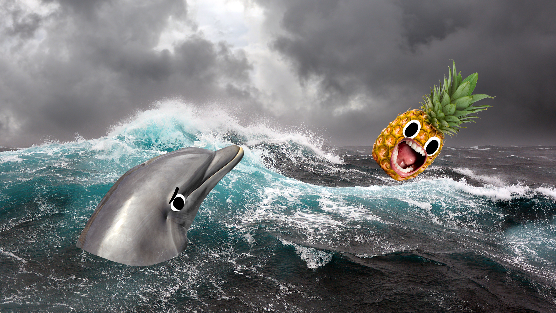 Dolphin and pineapple in stormy sea