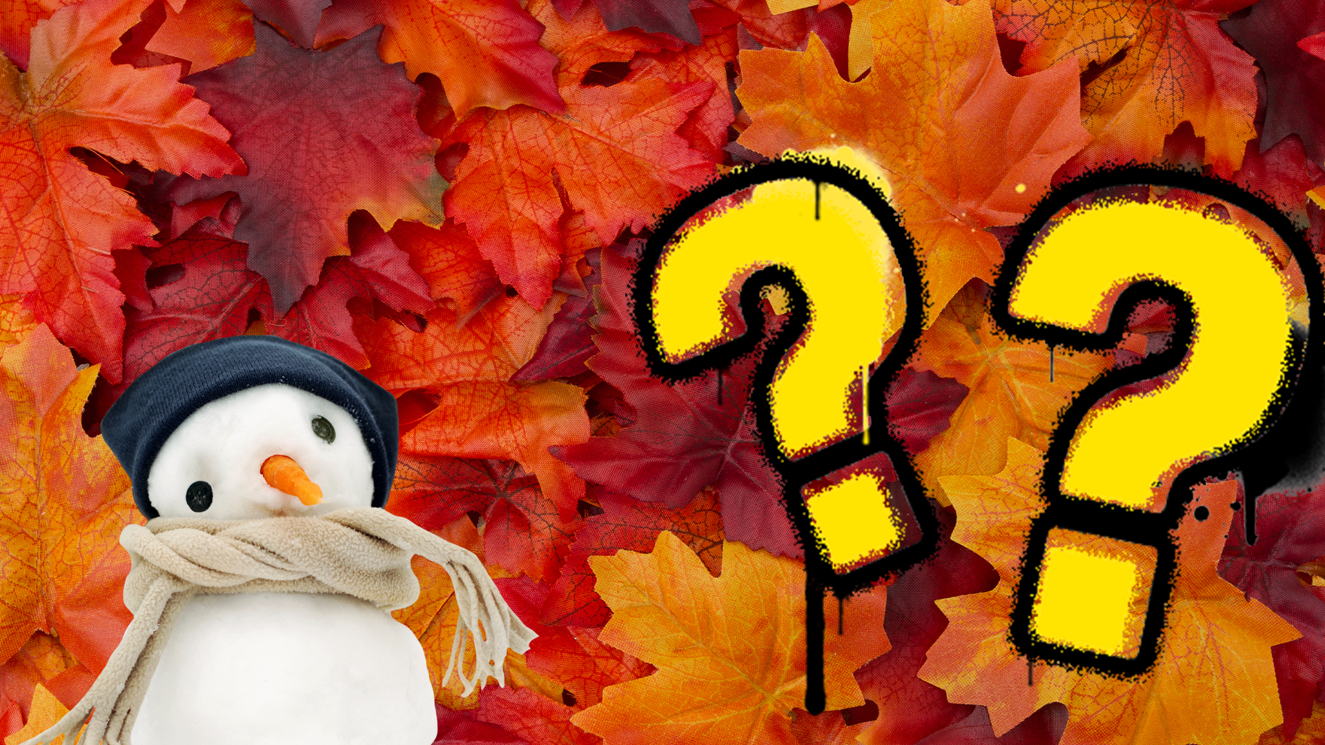 Snowman and question marks on autumn leaf background