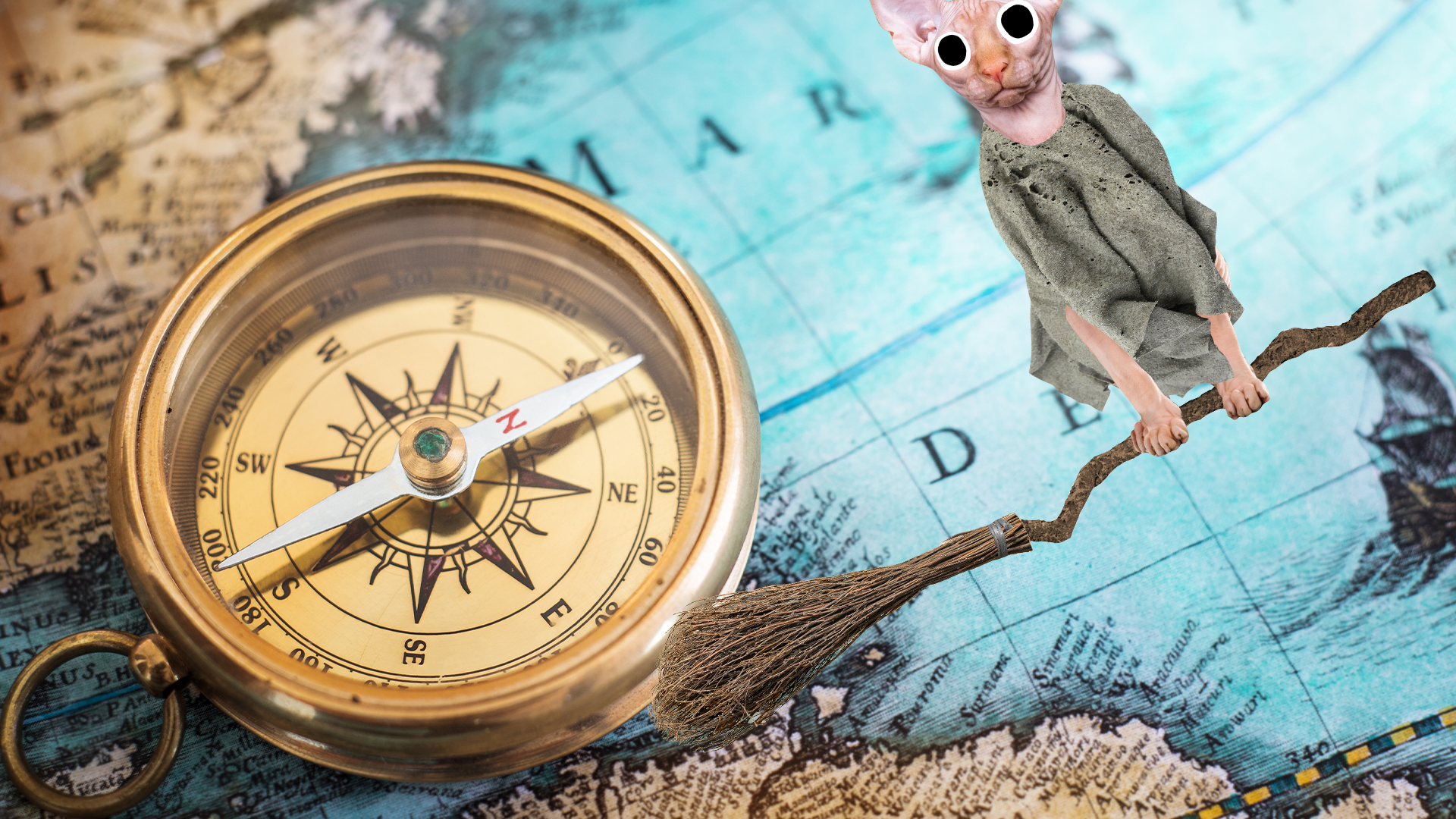 Beano Dobby on a broom on map and compass background