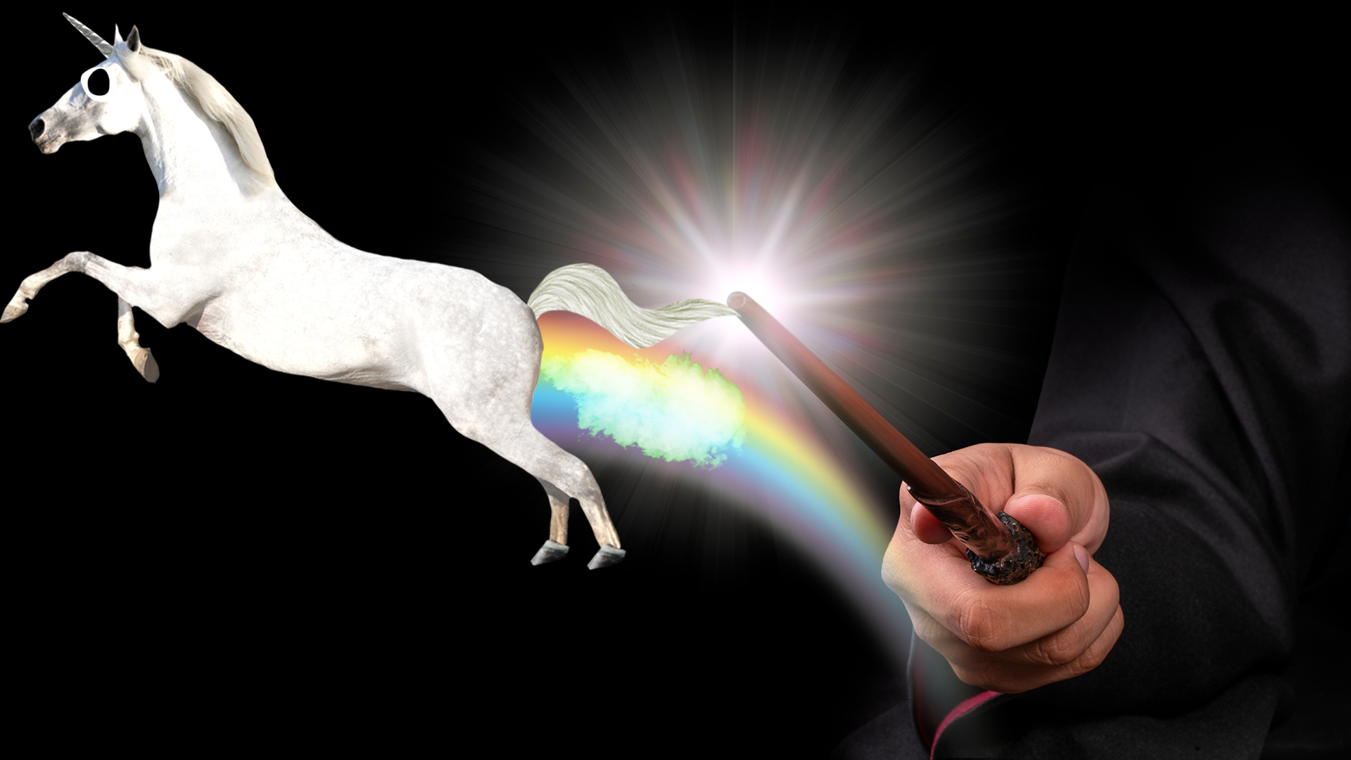 Someone waving a wand as farting unicorn flies out