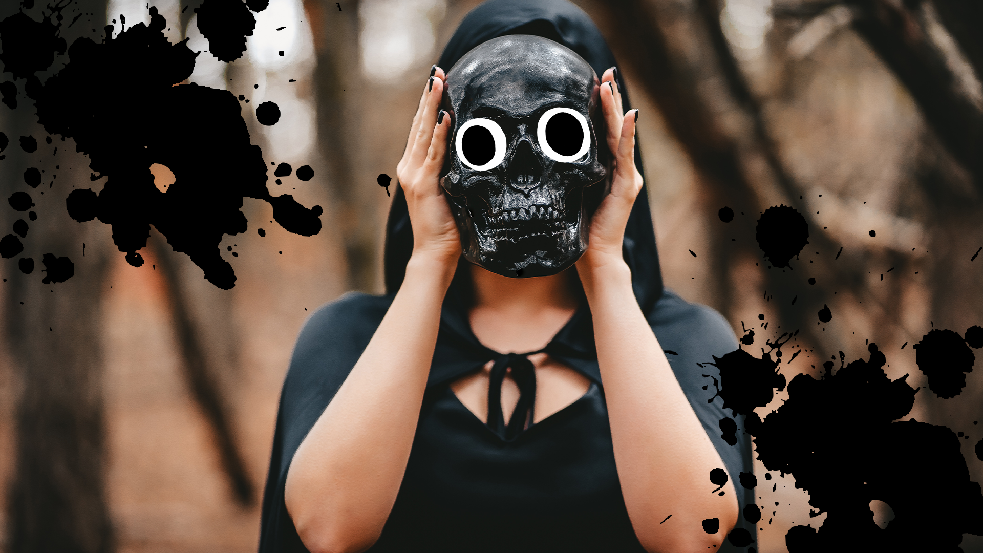 Spooky woman in skull mask with splats