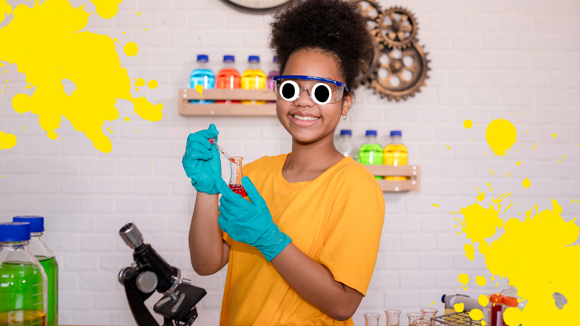 Girl doing science and yellow splats 