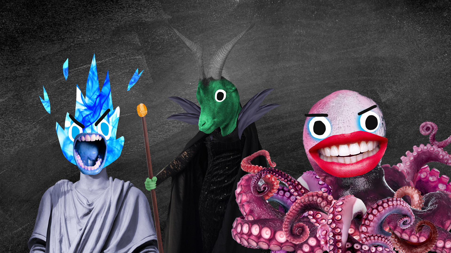 Beano Disney villains on chalk background: Ursula, Hades, Maleficent 