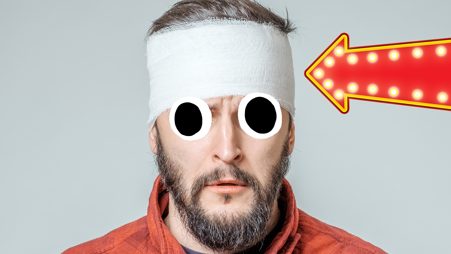 Man with a bandage on his head and arrow