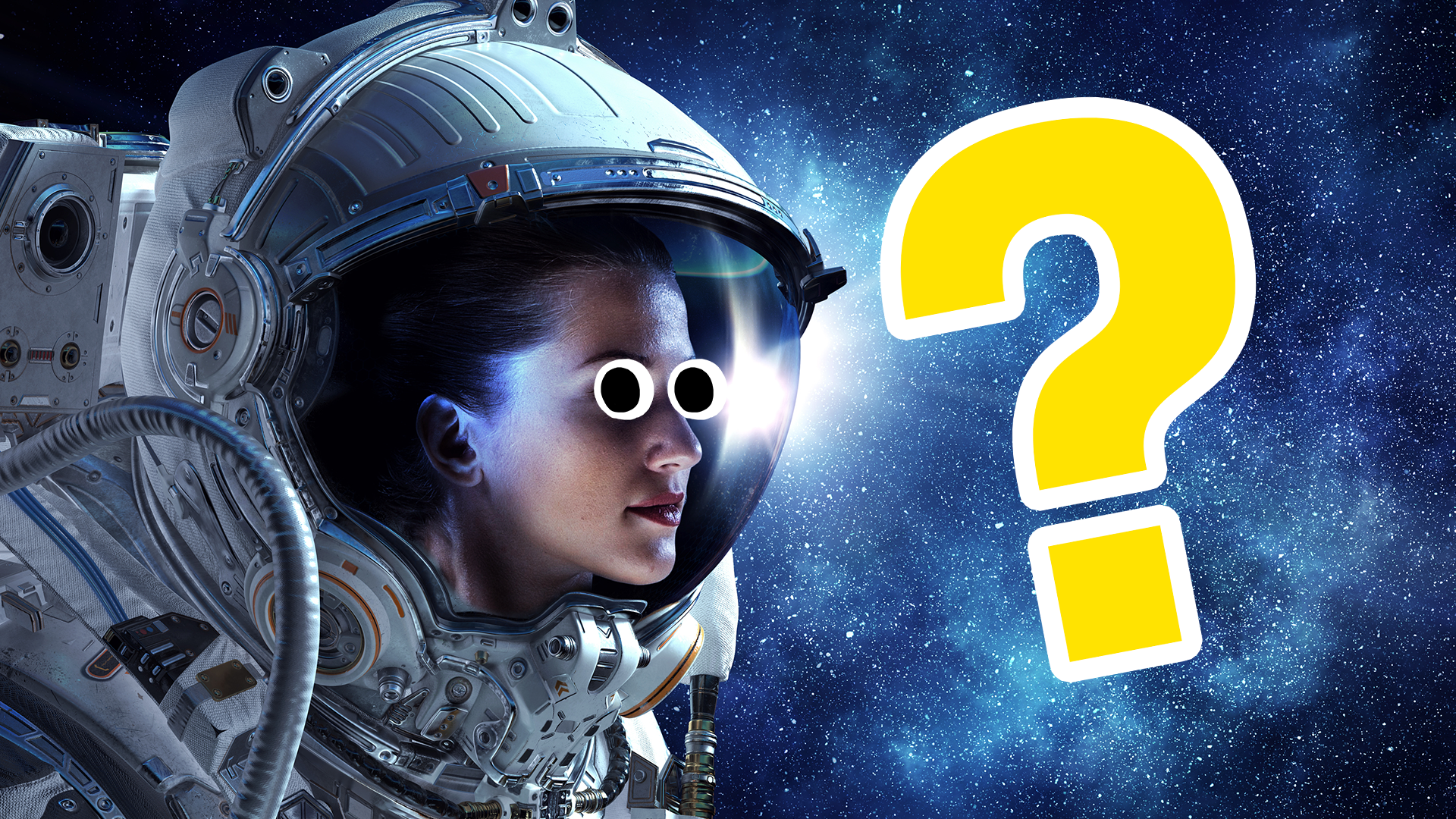 Female astronaut in space and question mark