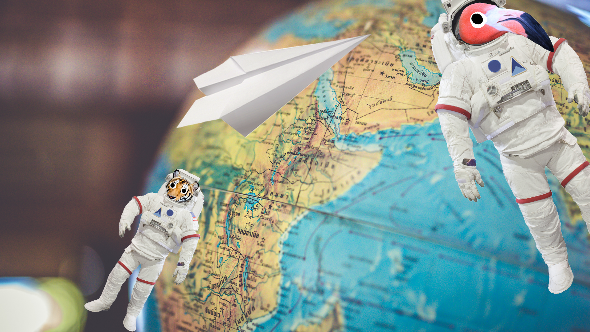 Paper plane and animal astronauts around a globe