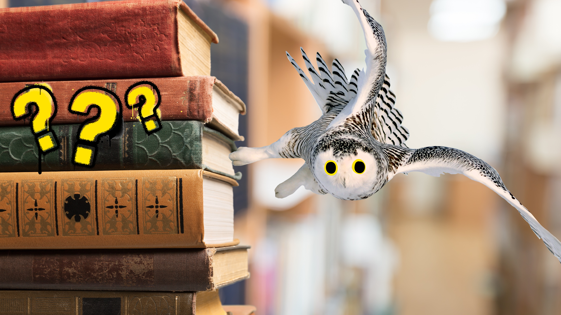 Stack of old books, an owl and some question marks