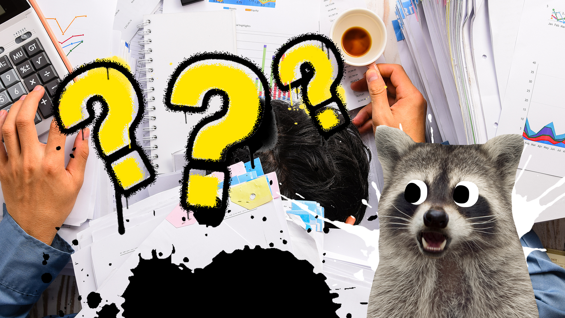 A desk full of paperwork while a racoon looks shocked
