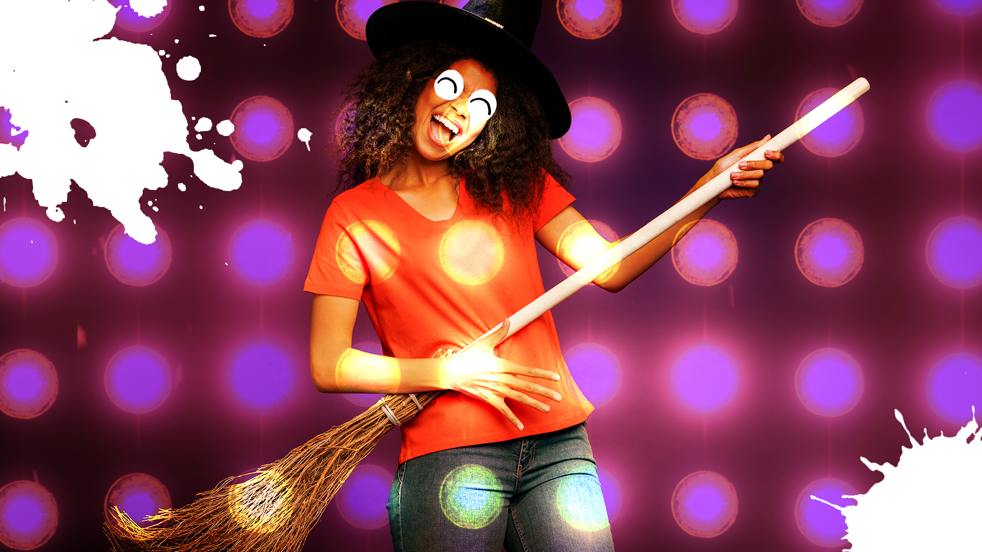 A witch playing air guitar with a broomstick 
