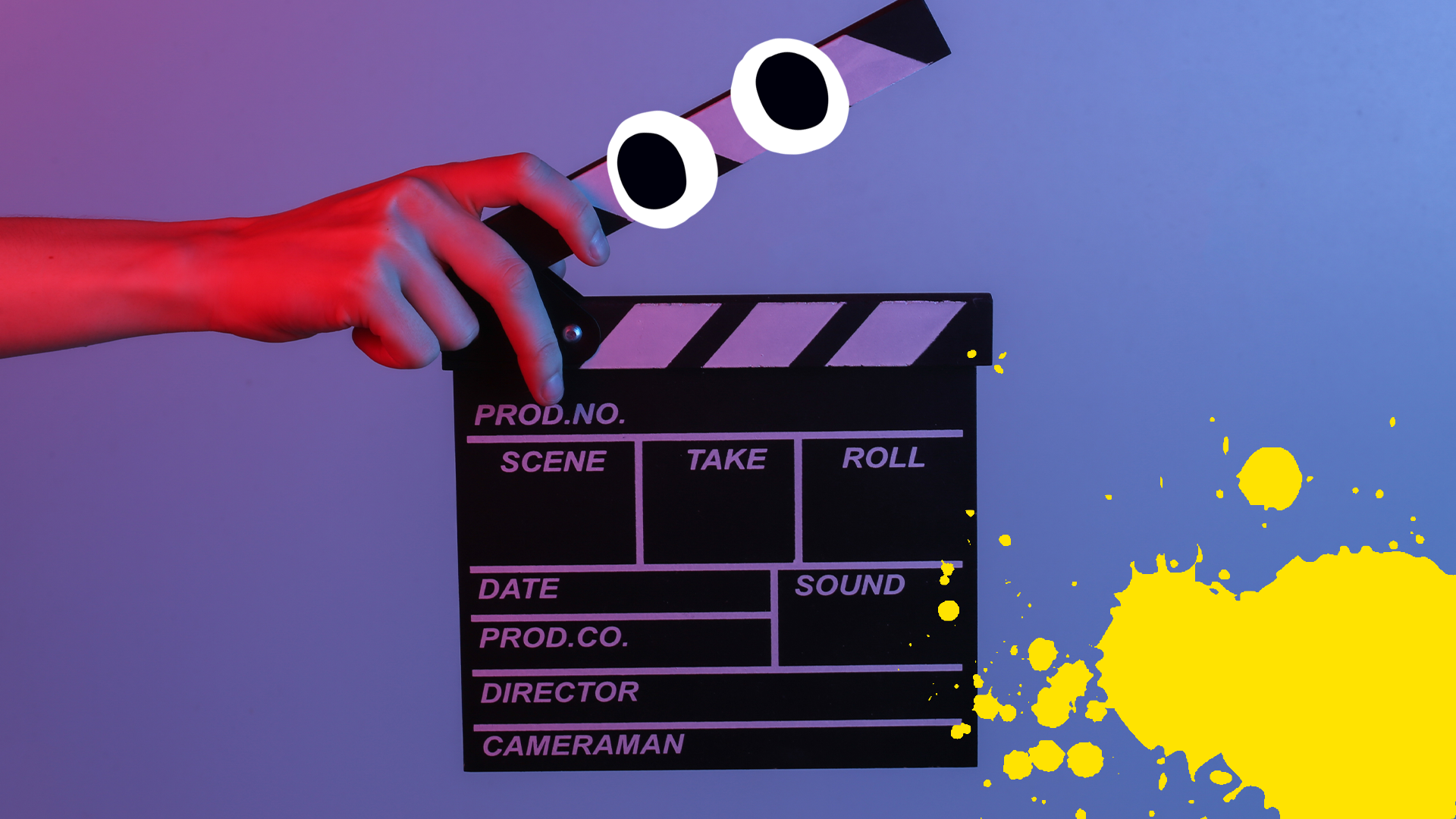 Clapperboard with goofy face and yellow splat