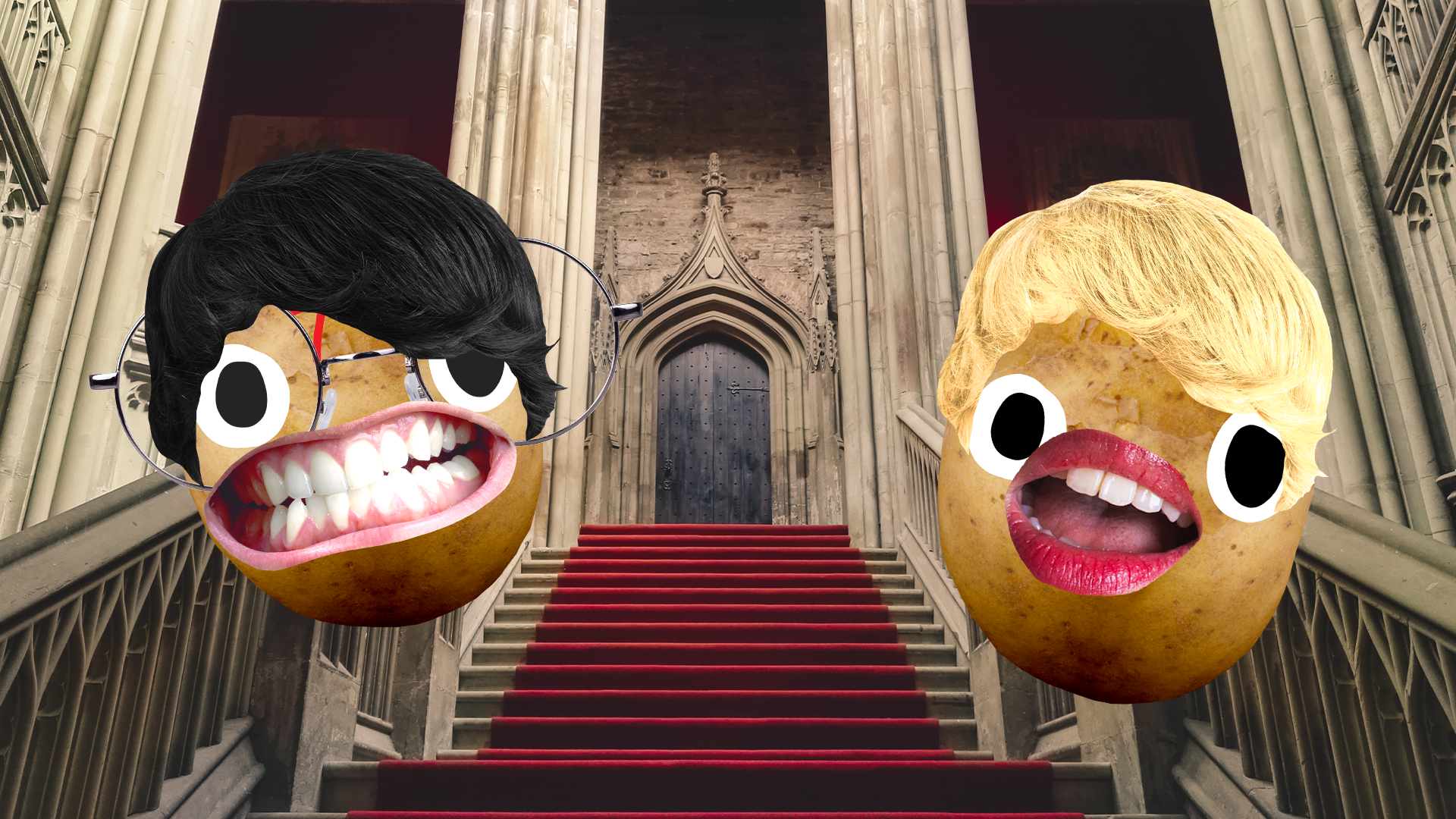 Potato Harry and potato Gilderoy on staircase