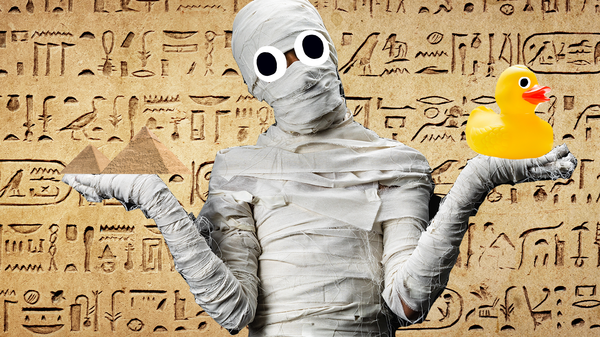 A shrugging mummy with pyramids and rubber duck on hieroglyph background 