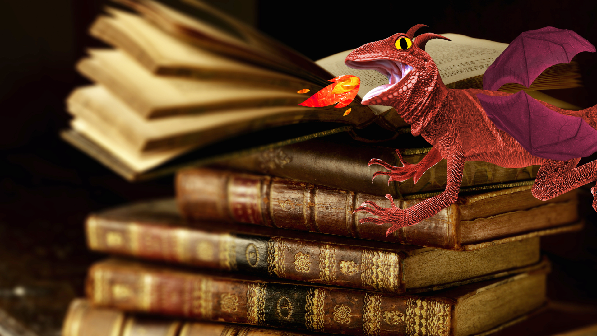 A pile of old books and a dragon